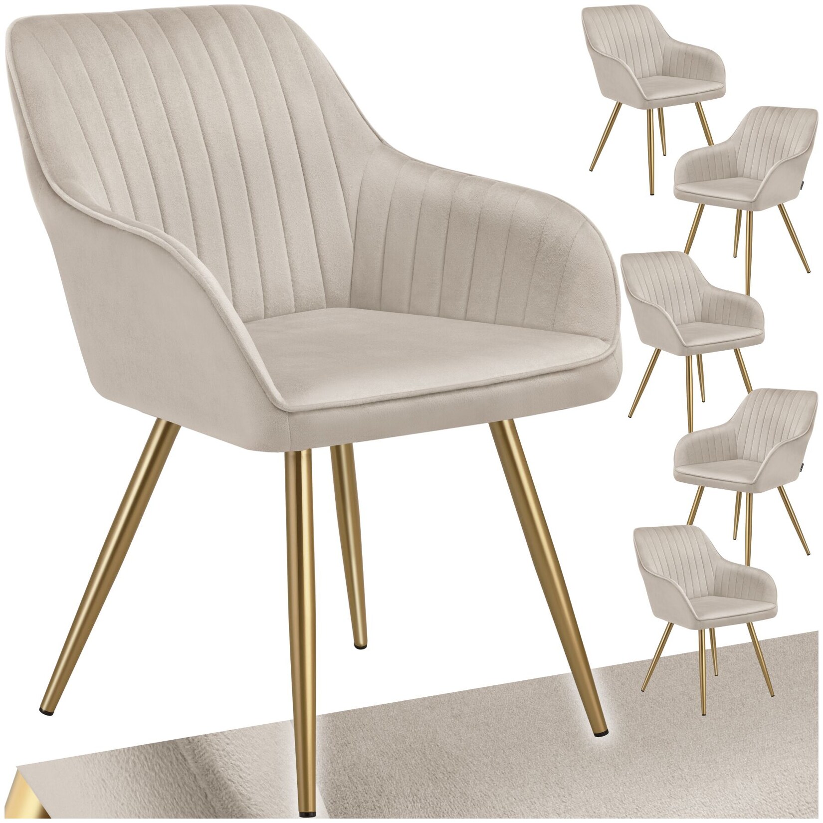 tectake® Esszimmerstuhl, gepolstert, in Samtoptik, gesteppt, schlanke, goldene Stahlbeine, 58 x 62 x 82 cm
