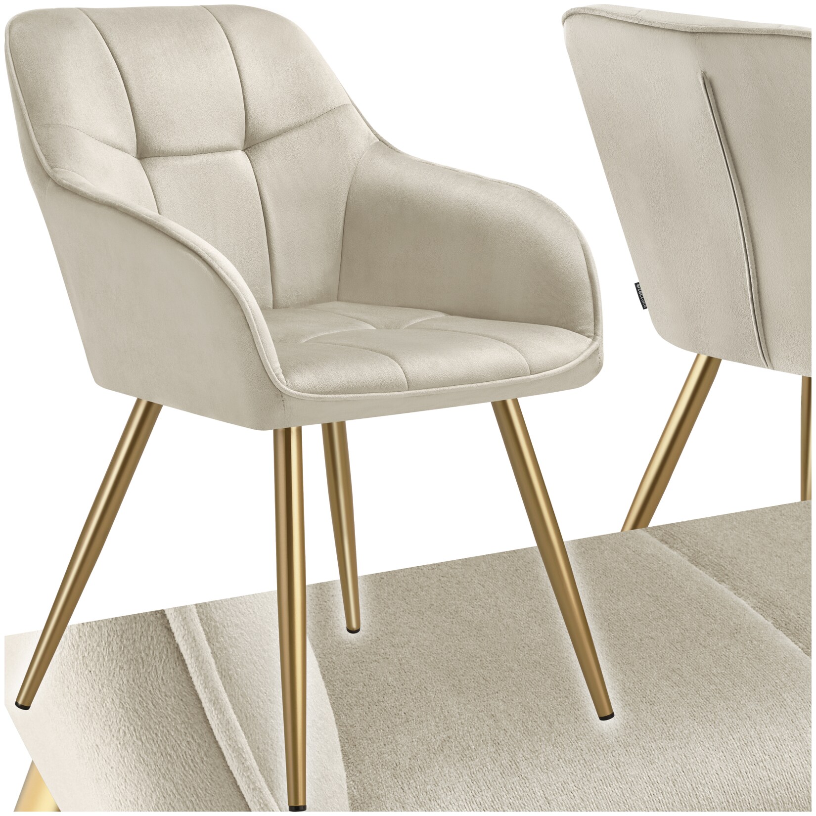 tectake® Esszimmerstuhl, gepolstert, in Samtoptik, gesteppt, schlanke, goldene Stahlbeine, 58 x 62 x 82 cm