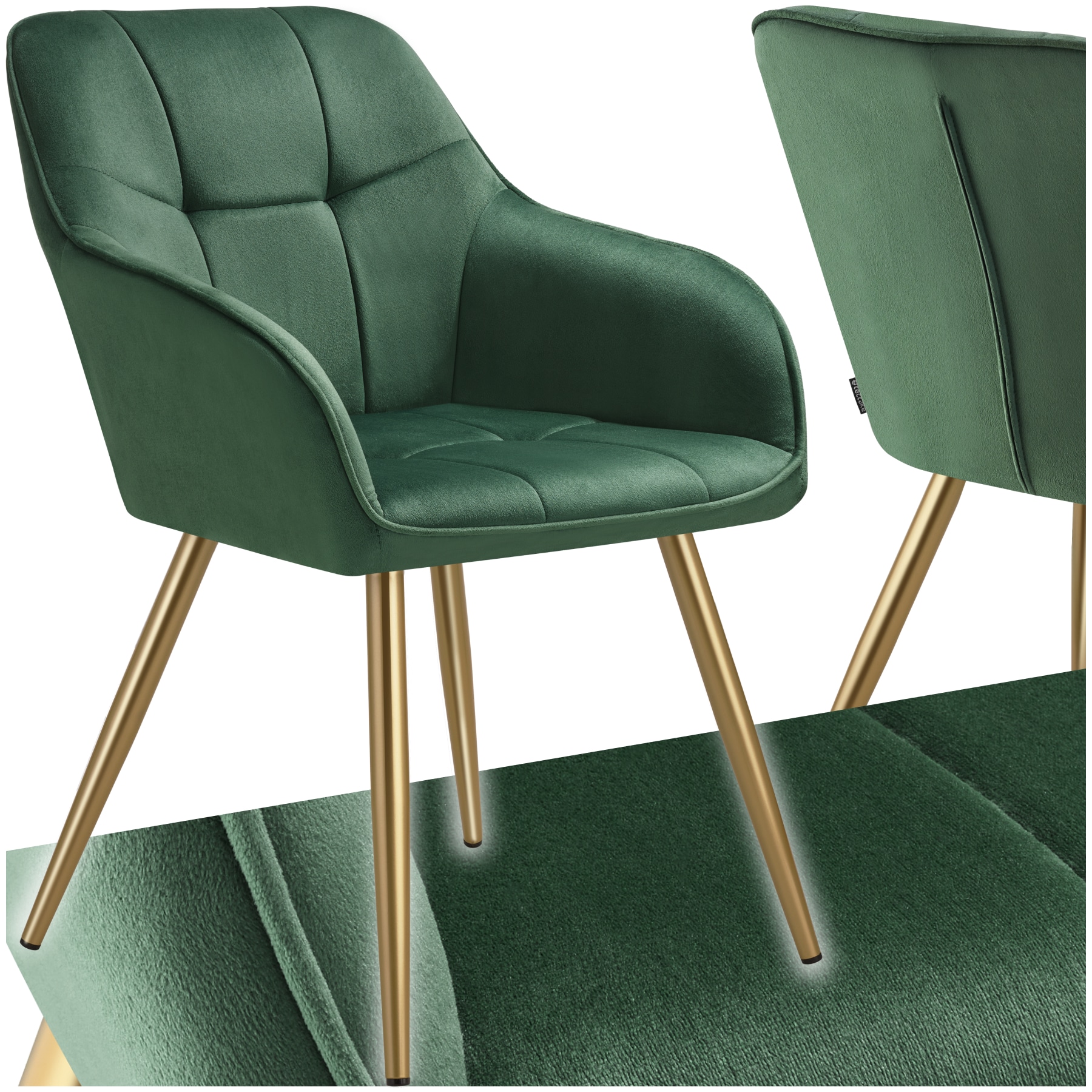 tectake&reg; Esszimmerstuhl, gepolstert, in Samtoptik, gesteppt, schlanke, goldene Stahlbeine, 58 x 62 x 82 cm - Bild 1