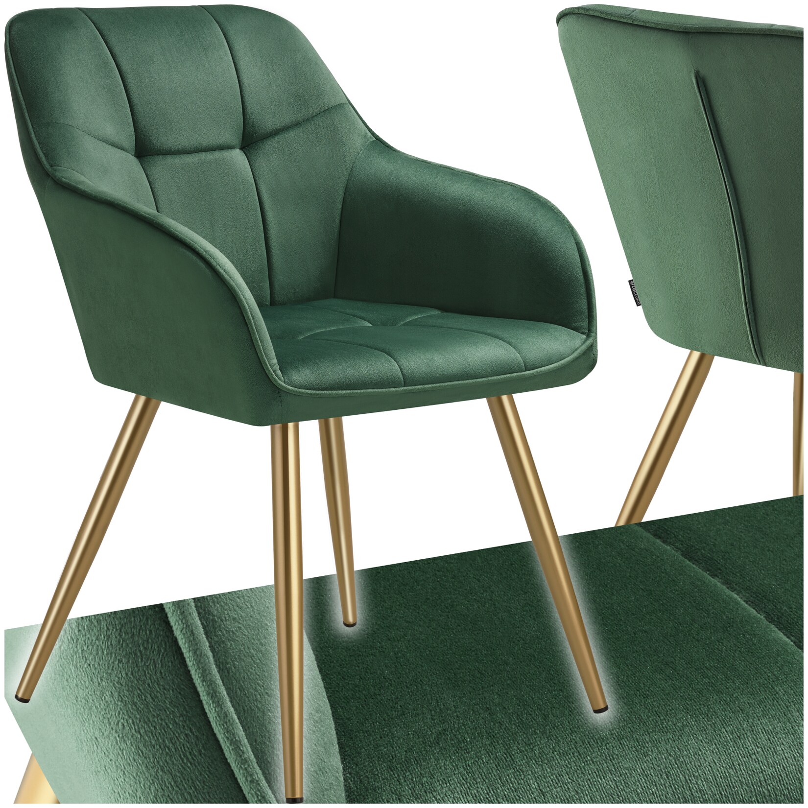 tectake® Esszimmerstuhl, gepolstert, in Samtoptik, gesteppt, schlanke, goldene Stahlbeine, 58 x 62 x 82 cm