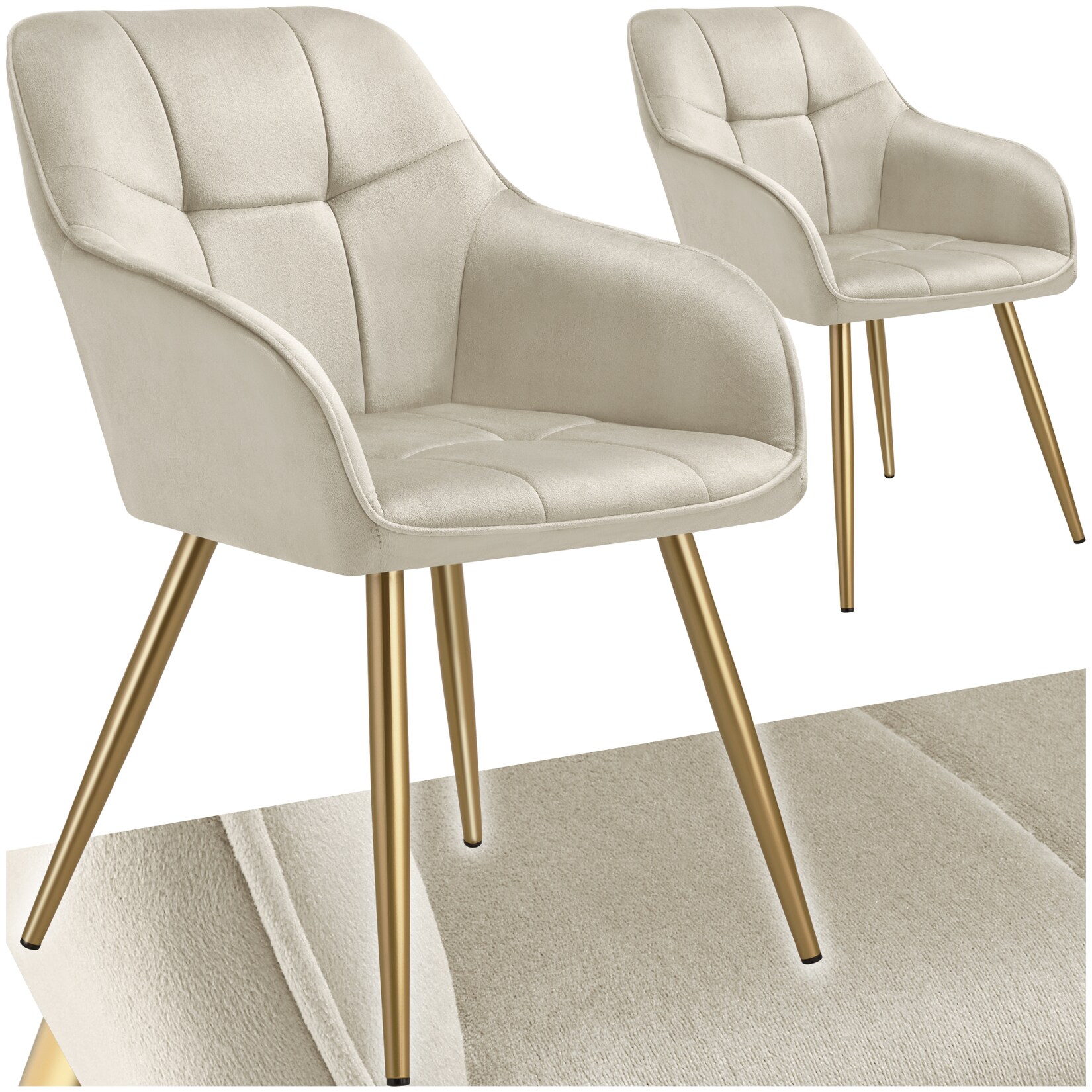 tectake® Esszimmerstuhl, gepolstert, in Samtoptik, gesteppt, schlanke, goldene Stahlbeine, 58 x 62 x 82 cm