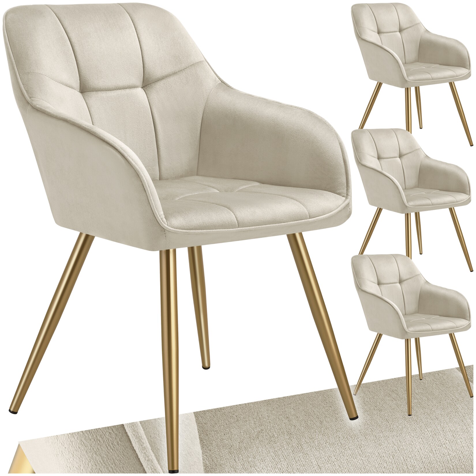 tectake® Esszimmerstuhl, gepolstert, in Samtoptik, gesteppt, schlanke, goldene Stahlbeine, 58 x 62 x 82 cm