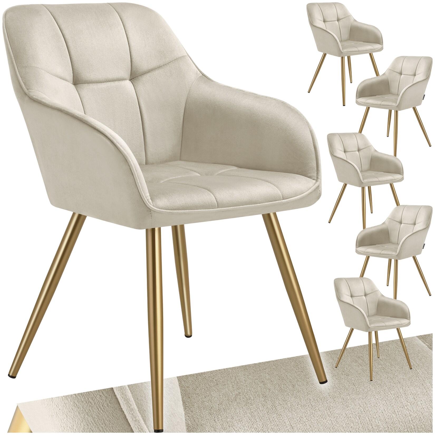 tectake® Esszimmerstuhl, gepolstert, in Samtoptik, gesteppt, schlanke, goldene Stahlbeine, 58 x 62 x 82 cm