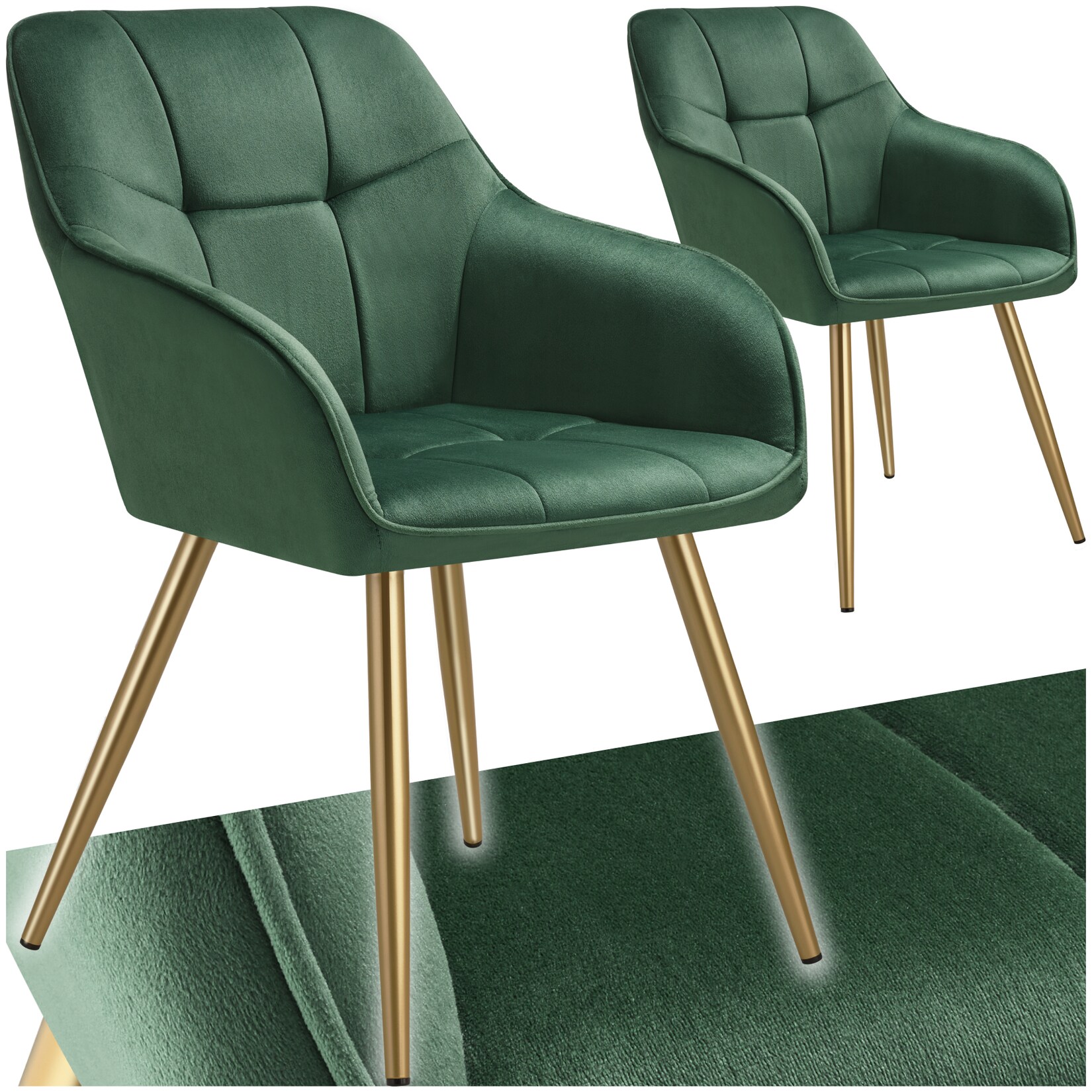 tectake® Esszimmerstuhl, gepolstert, in Samtoptik, gesteppt, schlanke, goldene Stahlbeine, 58 x 62 x 82 cm
