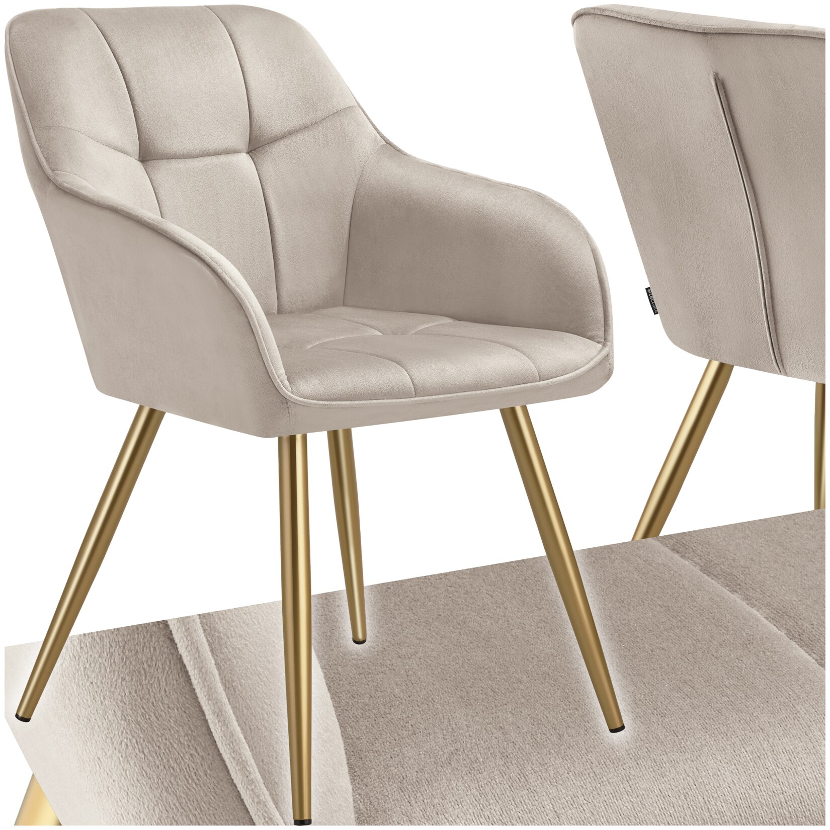 tectake® Esszimmerstuhl, gepolstert, in Samtoptik, gesteppt, schlanke, goldene Stahlbeine, 58 x 62 x 82 cm