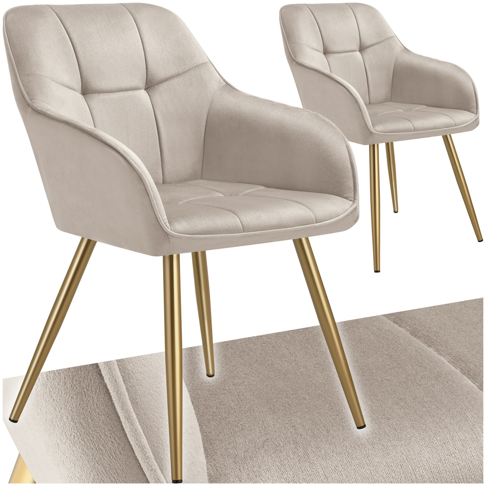 tectake® Esszimmerstuhl, gepolstert, in Samtoptik, gesteppt, schlanke, goldene Stahlbeine, 58 x 62 x 82 cm