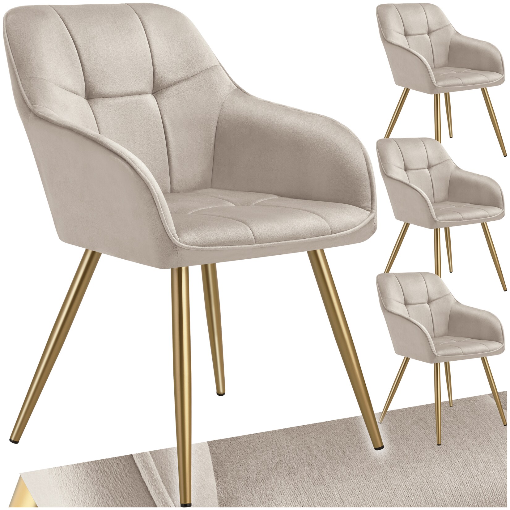 tectake® Esszimmerstuhl, gepolstert, in Samtoptik, gesteppt, schlanke, goldene Stahlbeine, 58 x 62 x 82 cm