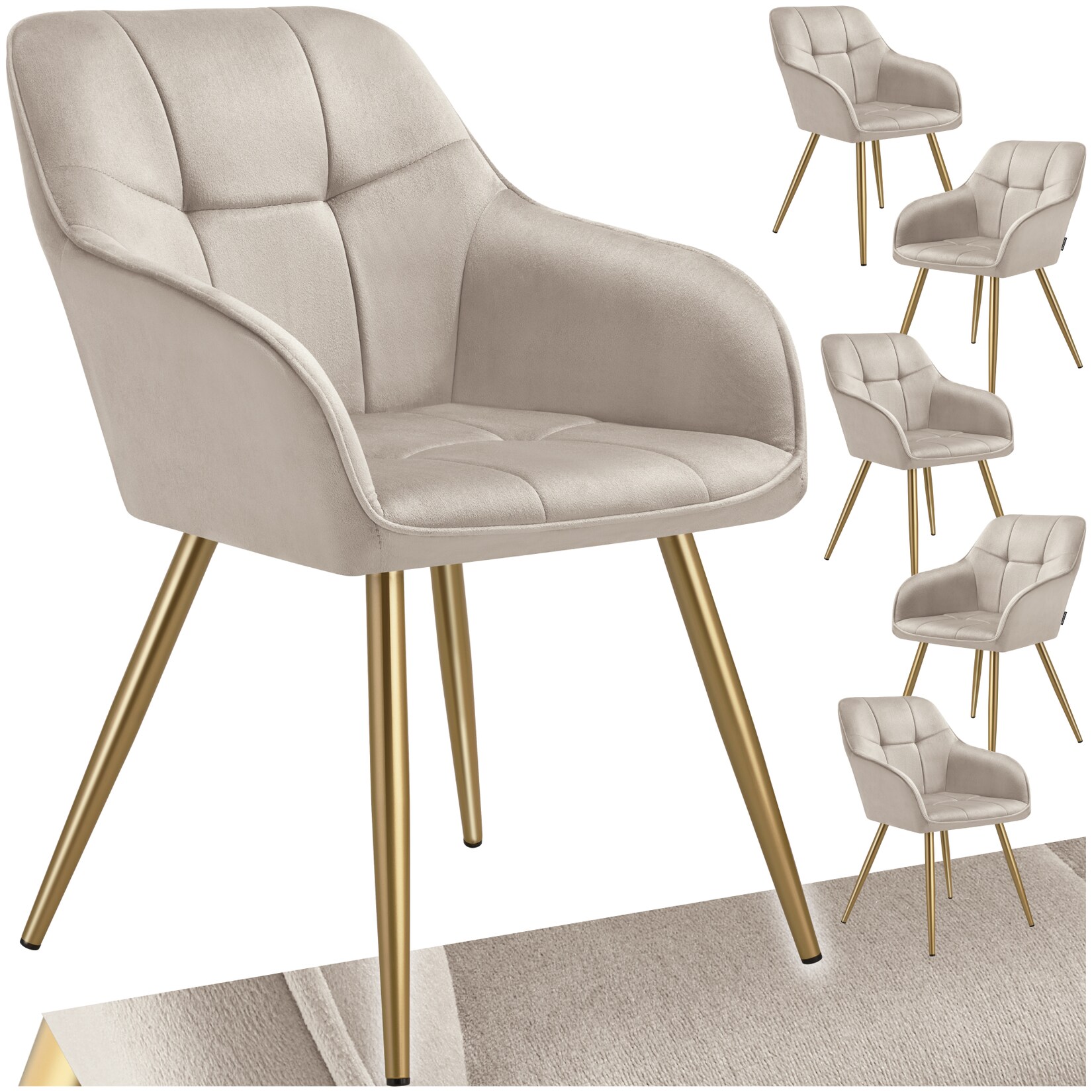 tectake® Esszimmerstuhl, gepolstert, in Samtoptik, gesteppt, schlanke, goldene Stahlbeine, 58 x 62 x 82 cm