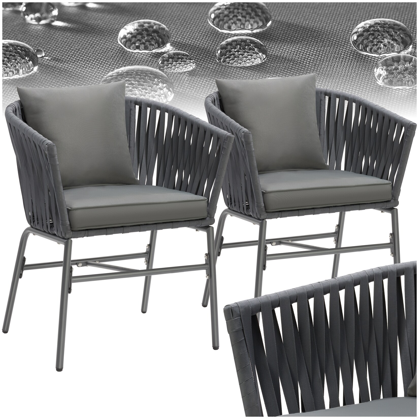 tectake® Stuhlset, Geflecht im Rope-Design, abnehmbare Polyesterbezüge, 60 x 61 x 77 cm