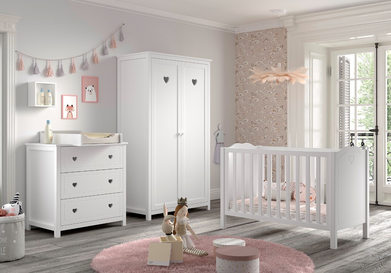 Vipack AMORI 4-tlg Set best. aus: Babybett 60x120 cm, Kommode m. 3 Schubladen, Wickelaufsatz, Kleiderschrank 2-trg., wei&szlig; lackiert