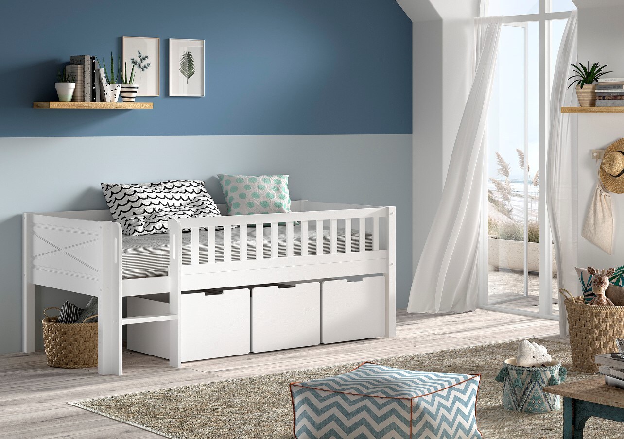 SCOTT Kojen-Spielbett 90 x 200 cm, inkl. Leiter, Rolllattenrost und 3 Schubkästen, Kiefer und MDF weiß lackiert | 05420070245586