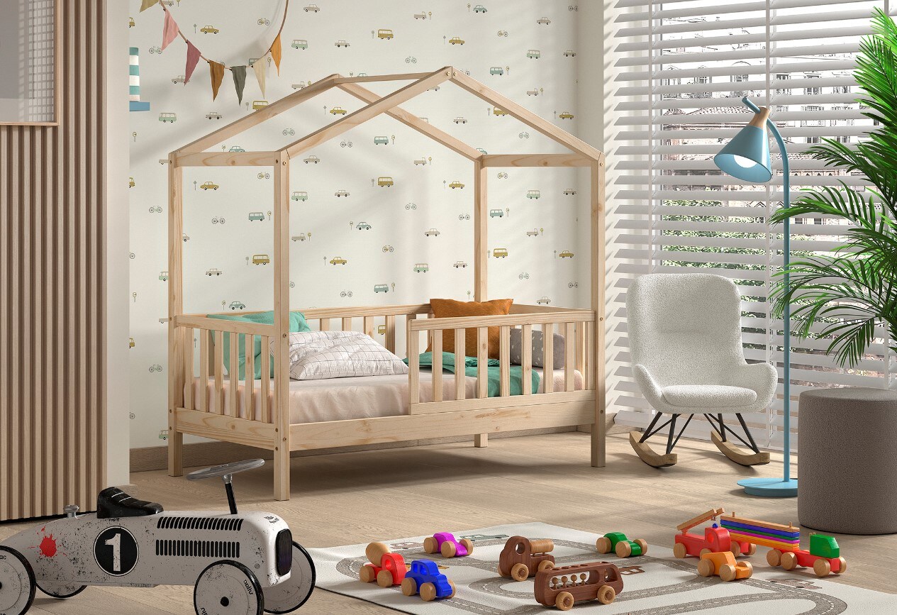 Junior Hausbett mit seitlicher Umrandung 70 x 140 cm Liegefl&auml;che, inkl. Rolllattenrost Kiefer massiv - versch. Ausf&uuml;hrugen - Natur - Bild 1