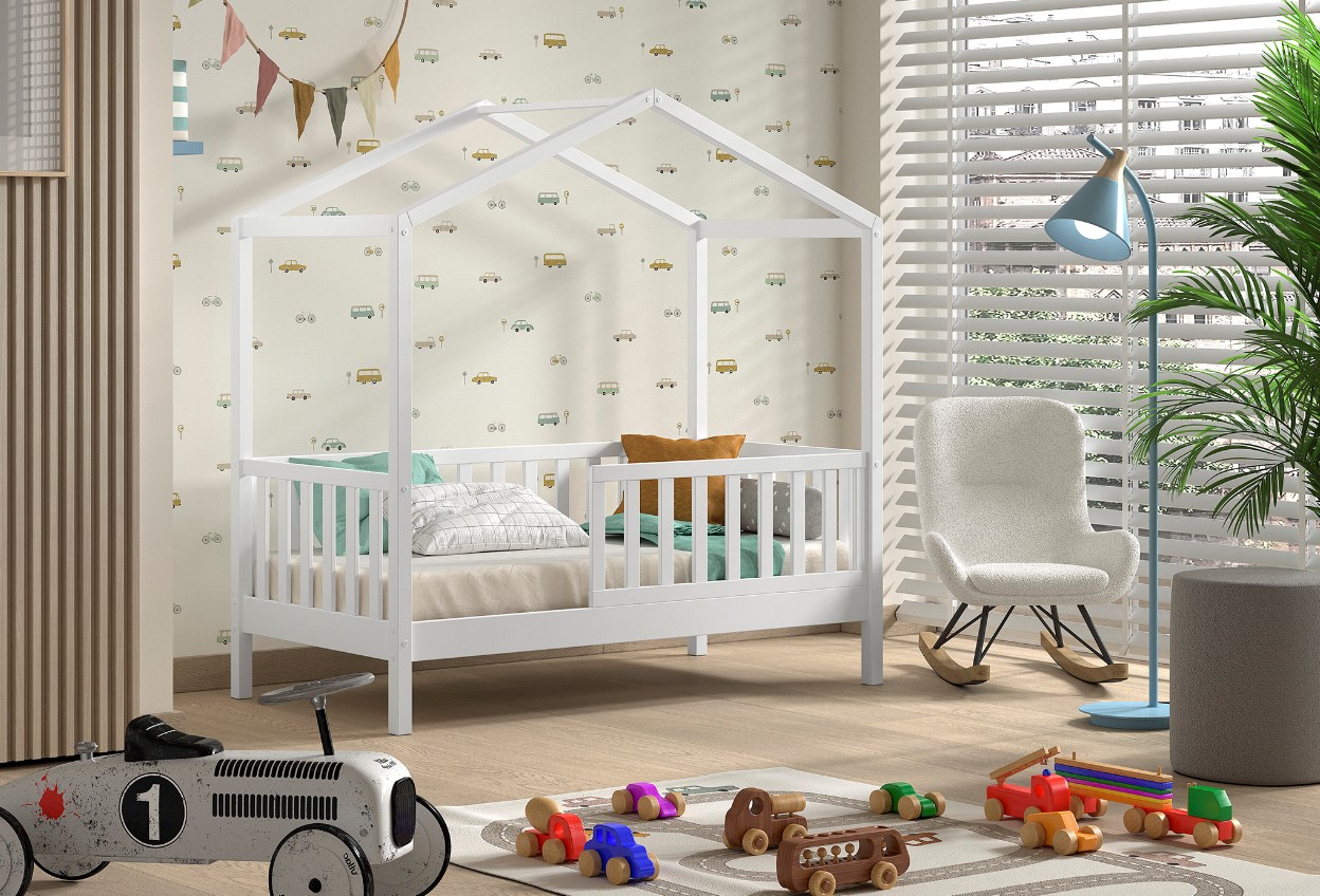 Junior Hausbett mit seitlicher Umrandung 70 x 140 cm Liegefl&auml;che, inkl. Rolllattenrost Kiefer massiv - versch. Ausf&uuml;hrugen - Wei&szlig; - Bild 1