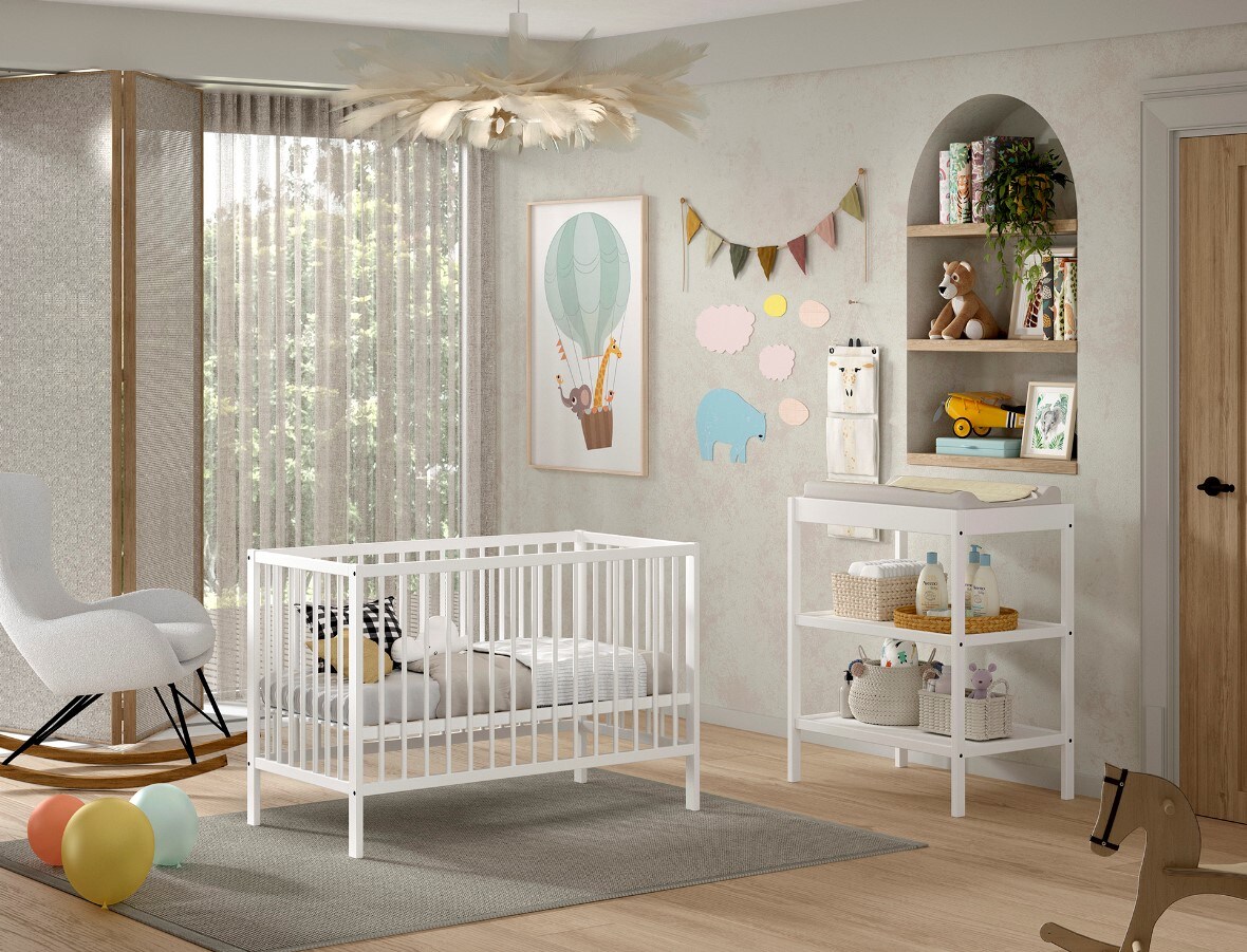 DINO Baby Set best. aus Babybett und Wickelregal, Buche massiv - versch. Ausf&uuml;hrungen - Wei&szlig; - Bild 1