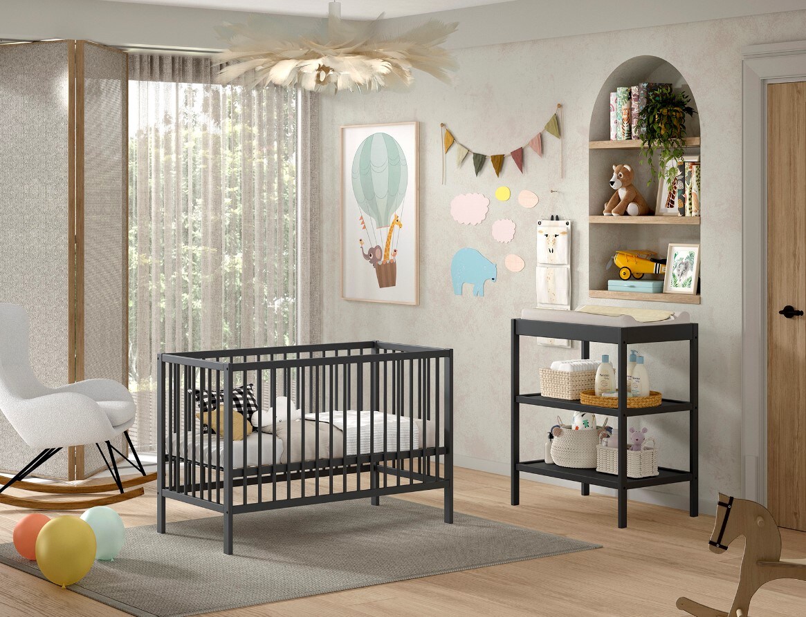 DINO Baby Set best. aus Babybett und Wickelregal, Buche massiv – versch. Ausführungen – Anthrazit | 05420070243445