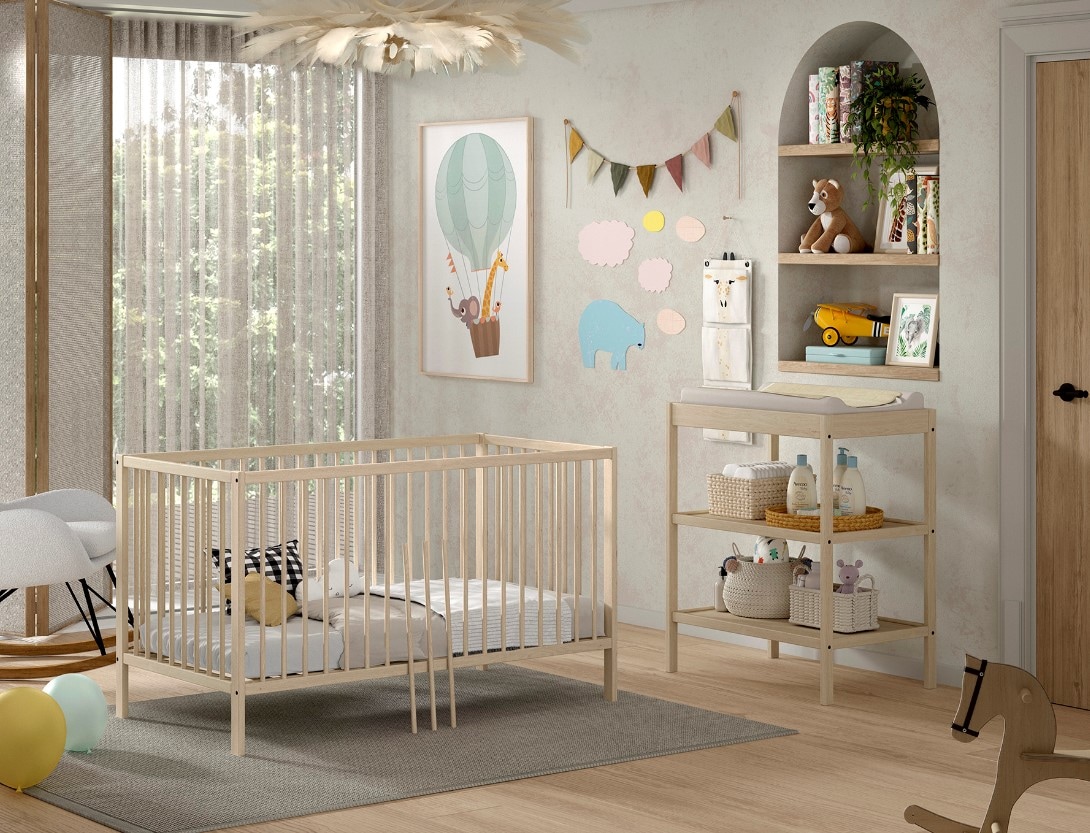 DINO Baby-/Junior Set best. aus Baby/Juniorbett und Wickelregal, Buche massiv - versch. Ausführungen - Natur