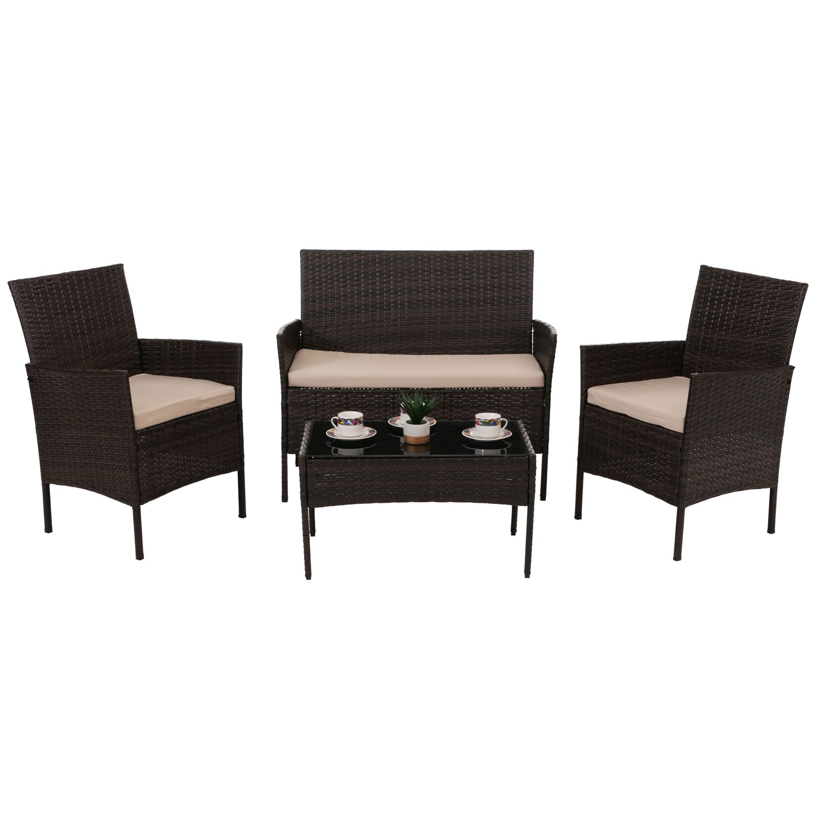 Poly-Rattan Garten-Garnitur MCW-N98, Sitzgruppe Lounge-Set, Metall Glas Stoff/Textil (180g/m²) ~ braun, Kissen creme