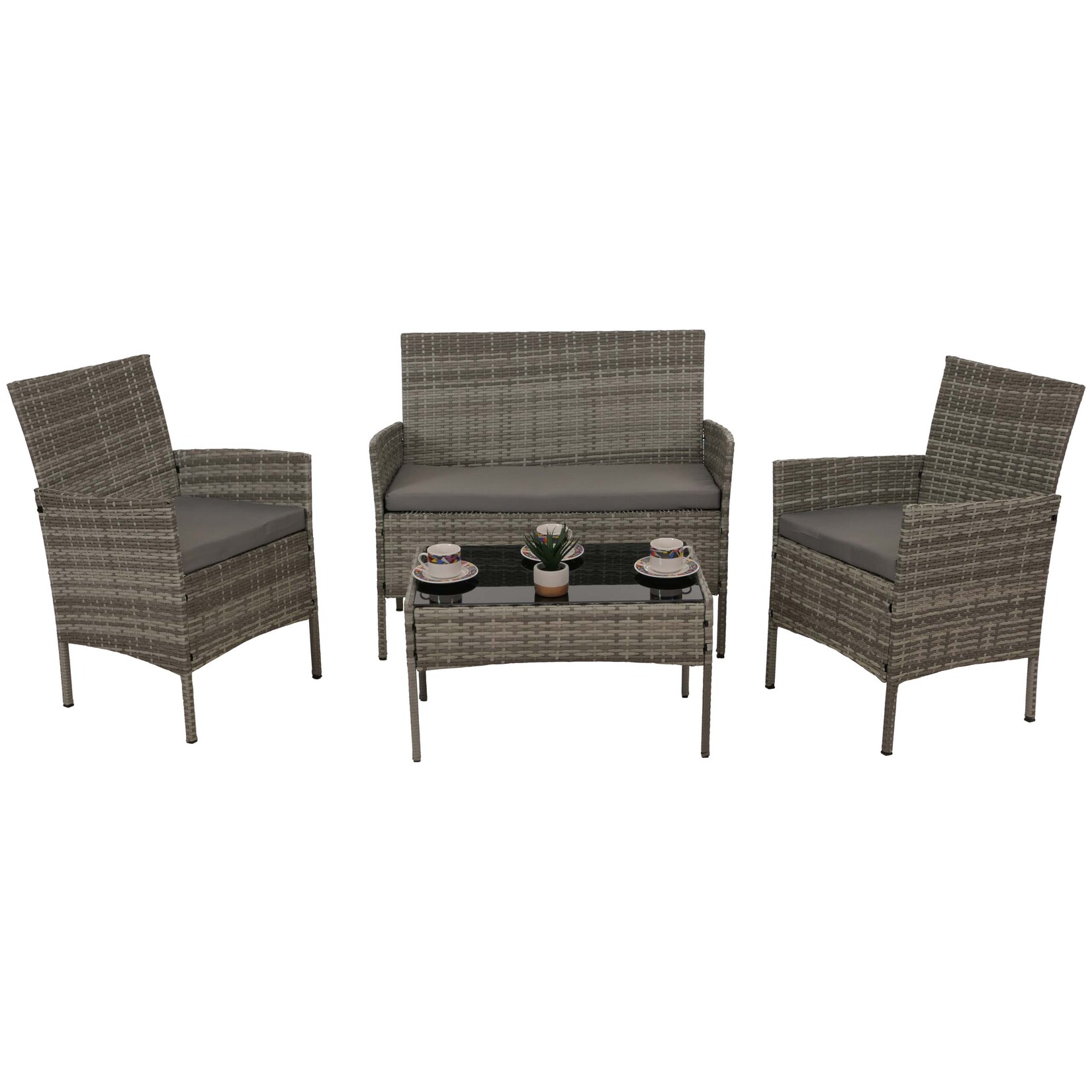 Poly-Rattan Garten-Garnitur MCW-N98, Sitzgruppe Lounge-Set, Metall Glas Stoff/Textil (180g/m²) ~ grau, Kissen hellgrau | 04057651868431