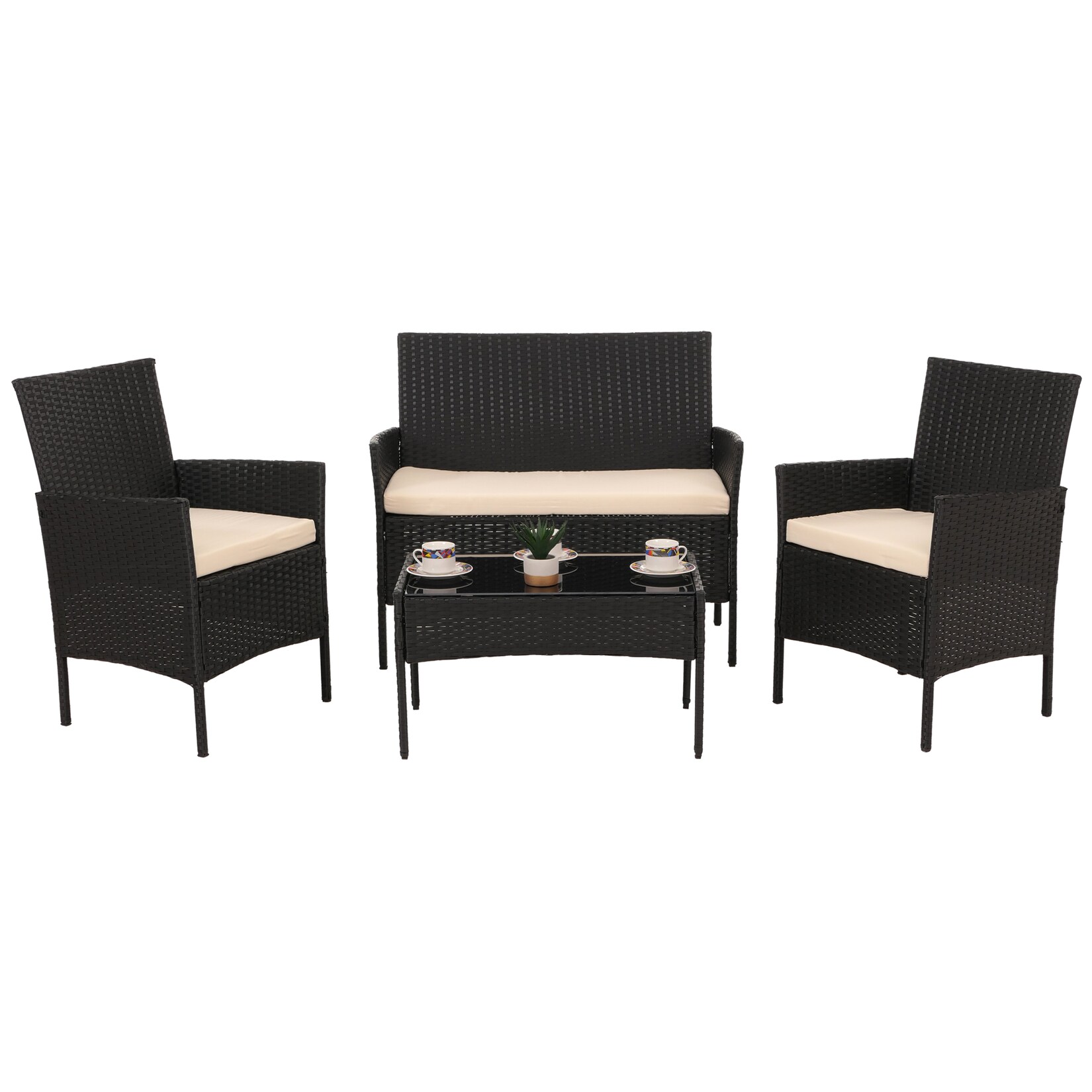 Poly-Rattan Garten-Garnitur MCW-N98, Sitzgruppe Lounge-Set, Metall Glas Stoff/Textil (180g/m²) ~ anthrazit, Kissen creme