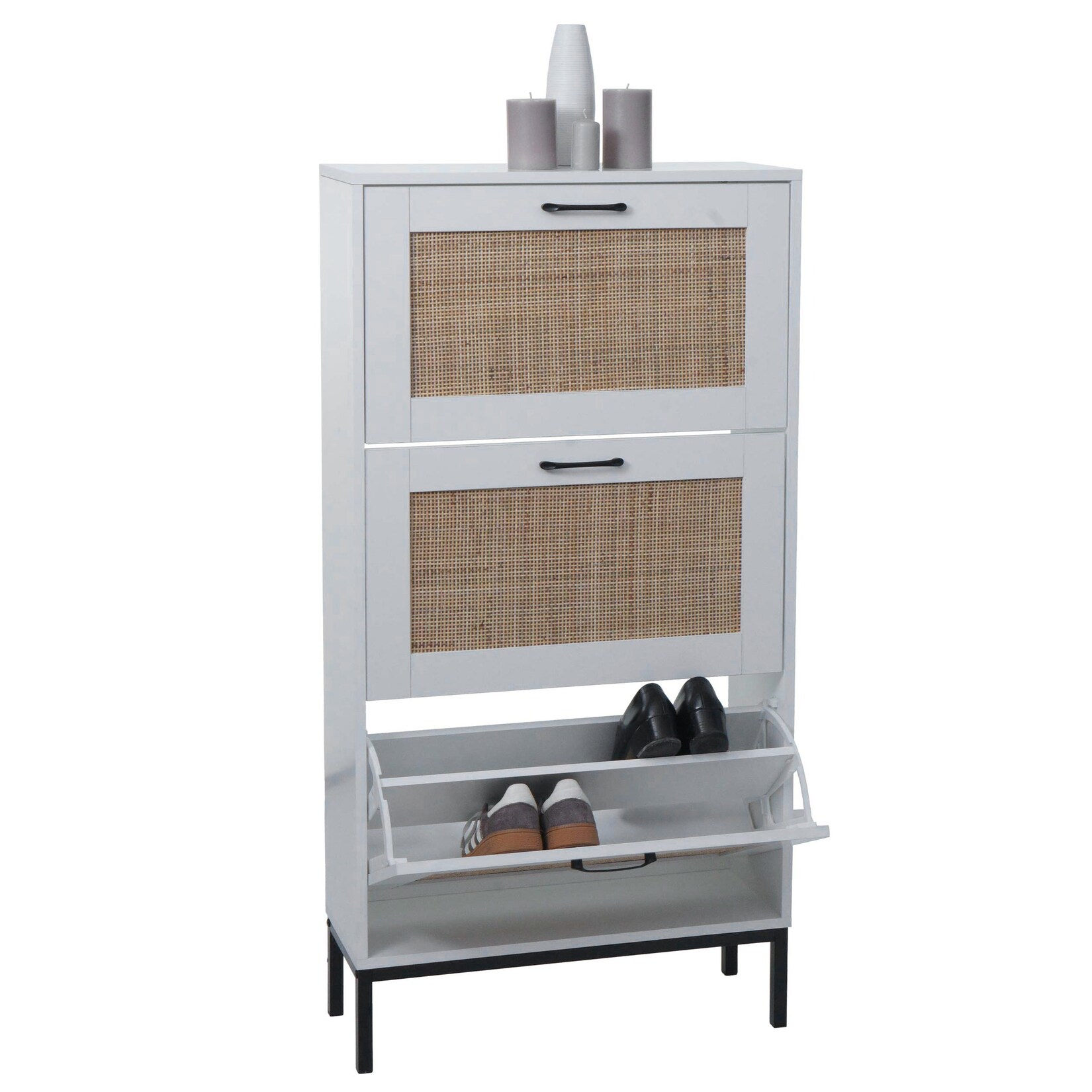 Schuhschrank MCW-N92, Schuhkipper Schuhregal, 3 Fächer Rattanfront Melamin, 126x63x24cm ~ weiß | 04057651711164