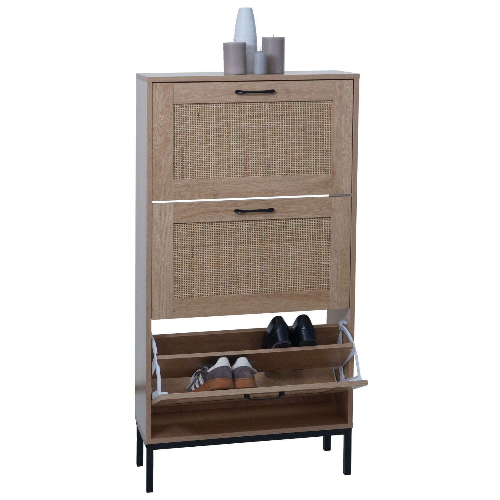 Schuhschrank MCW-N92, Schuhkipper Schuhregal, 3 Fächer Rattanfront Melamin, 126x63x24cm ~ Eiche-Optik