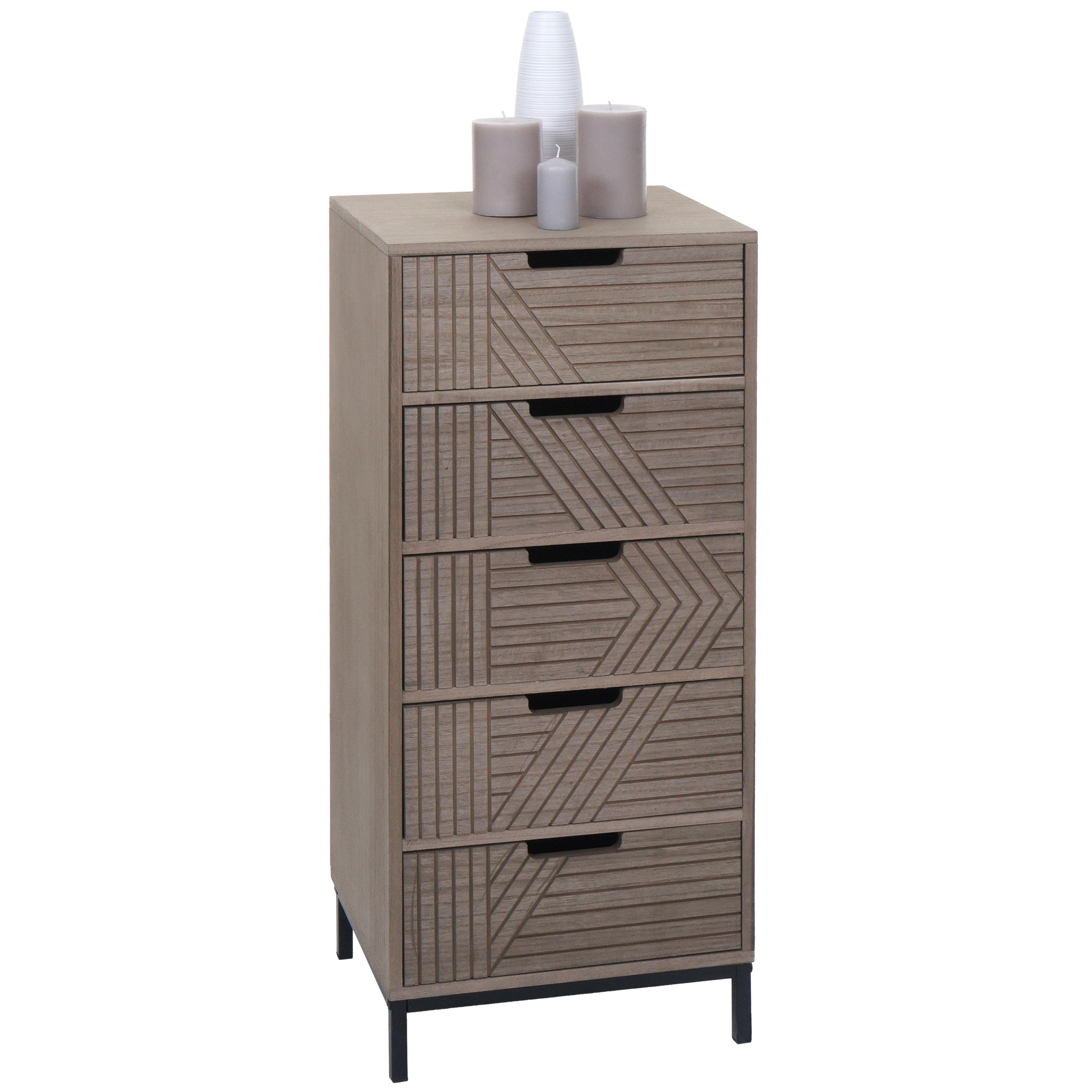 Kommode MCW-N90, Schrank Highboard, 3D-Design 5 Schubladen Holz Metall 84x35x29cm ~ grau-braun - Bild 1