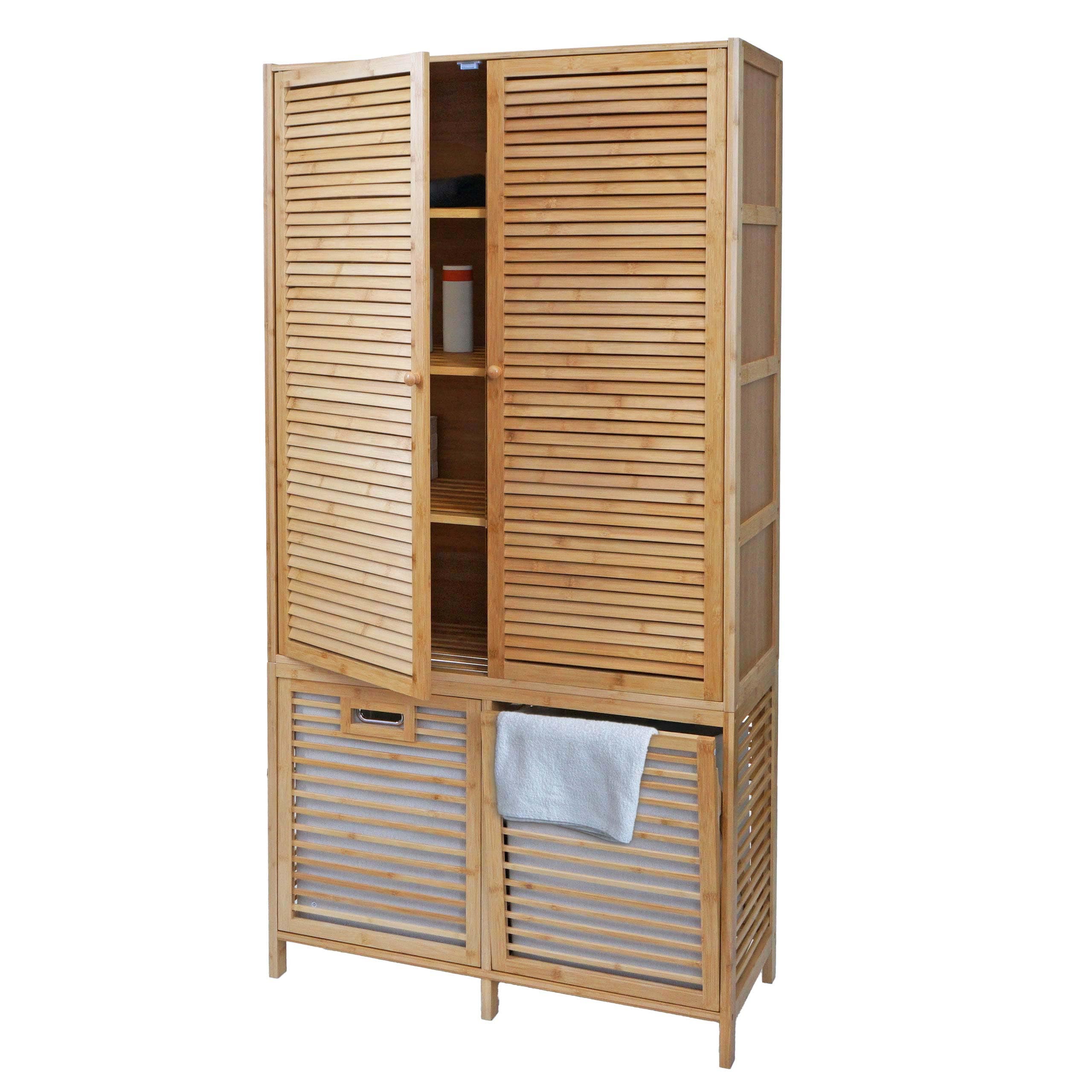 Bambus Badezimmerschrank MCW-N83, Regal Badregal Badschrank Schrank, 2 W&auml;schek&ouml;rbe 2 T&uuml;ren MVG 168x82x34cm - Bild 1