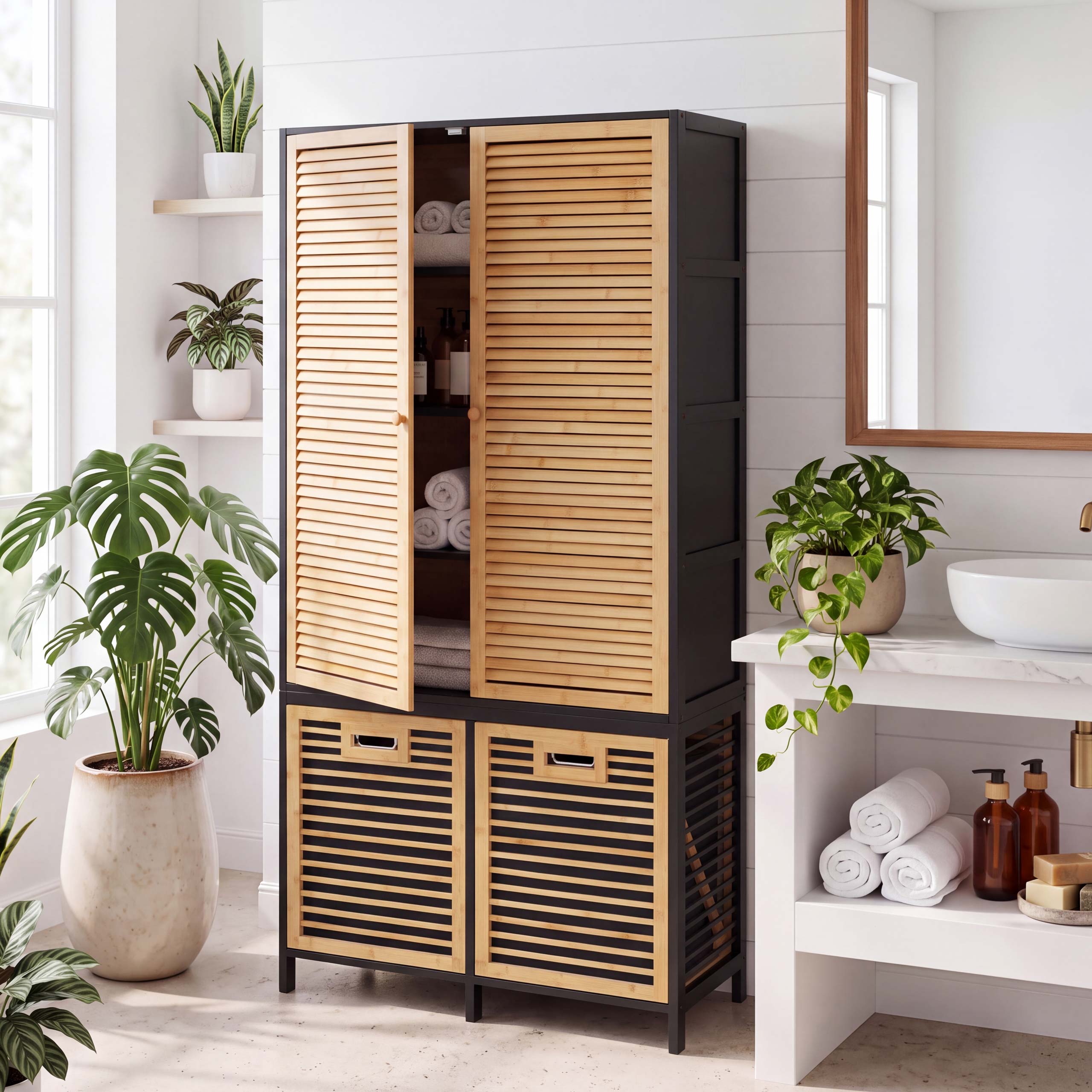 Bambus-Badezimmerschrank MCW-N83, Badregal Schrank, 2 W&auml;schek&ouml;rbe T&uuml;ren MVG 168x82x34cm ~ natur-schwarz, Korb anthrazit - Bild 1