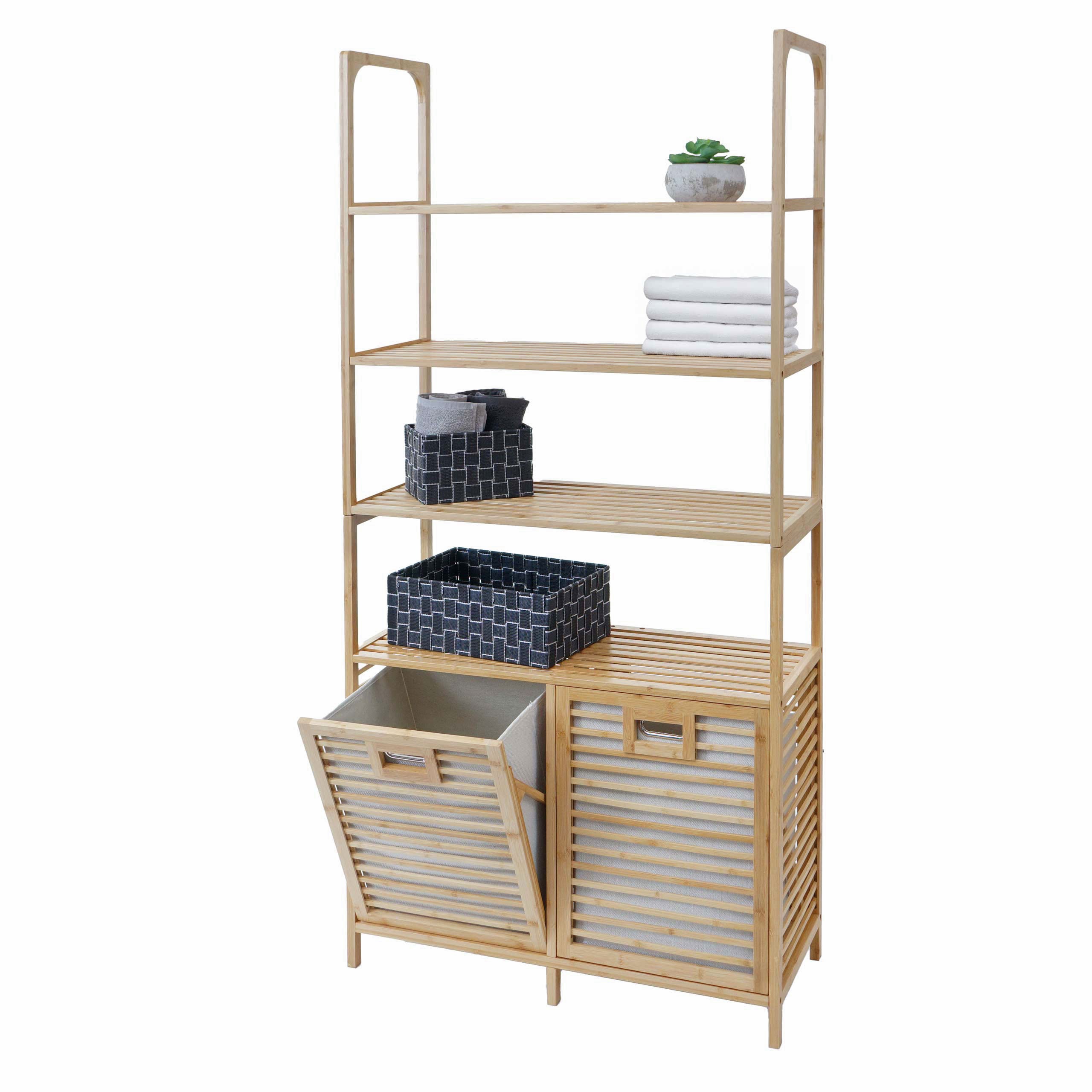 Bambus Badezimmerschrank MCW-N83, Regal Badregal Badschrank, 2 W&auml;schek&ouml;rbe 4 Regalb&ouml;den MVG-zertifiziert 168x81x33cm - Bild 1