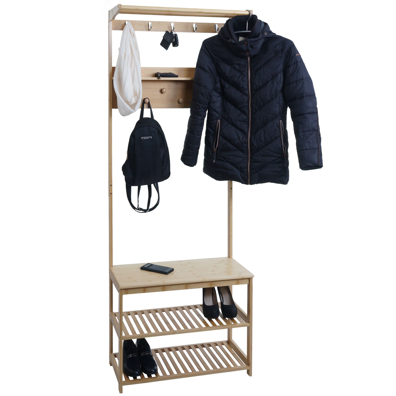 Bambus Standgarderobe MCW-N82, Garderobenständer Schuhregal Sitzbank Schuhbank, Kleiderhaken MVG 170x70x31cm