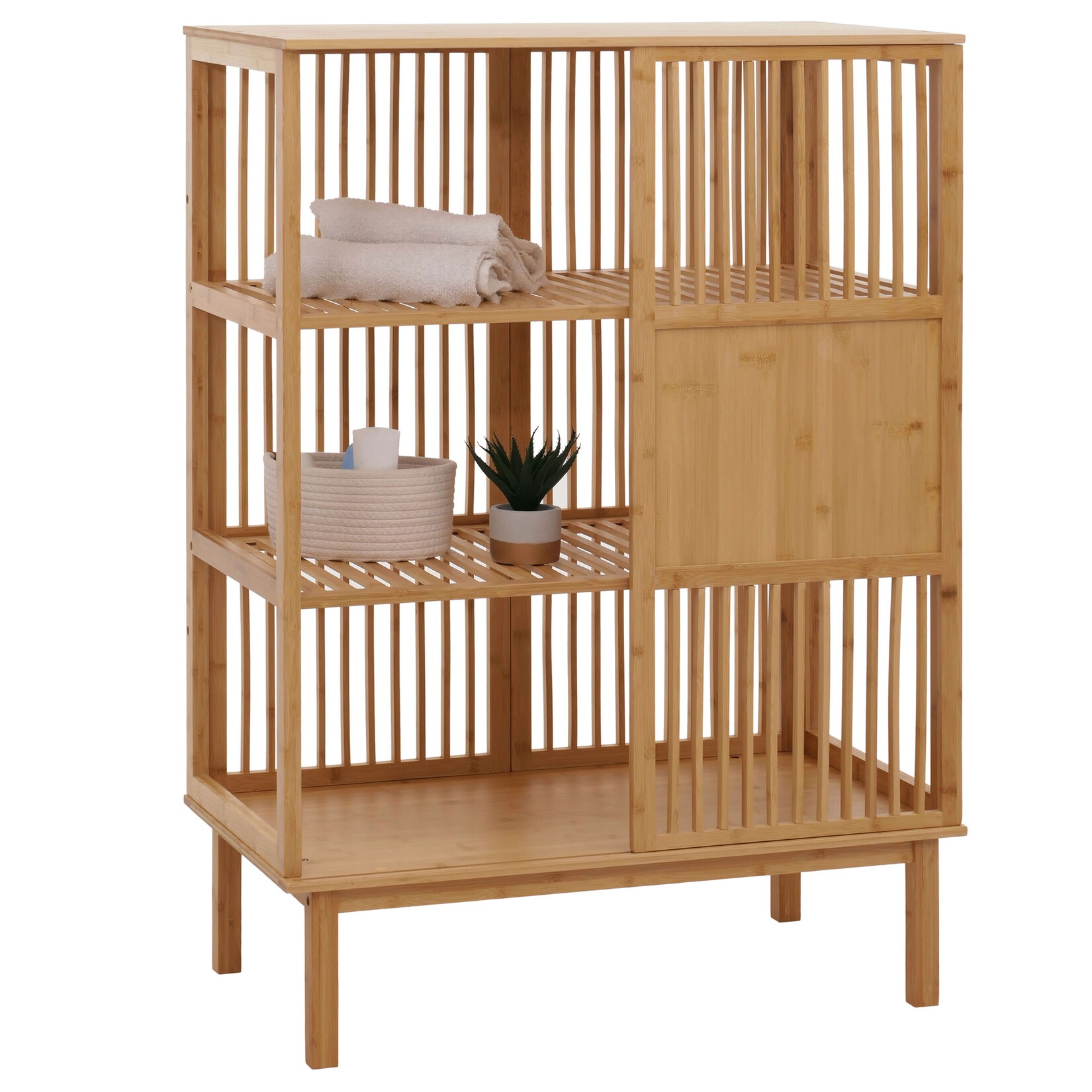 Bambus Standregal MCW-N81, Badezimmerschrank Badschrank Badregal Kommode, 3 Regalböden Schiebetür MVG 115x80x45cm | 04057651859392
