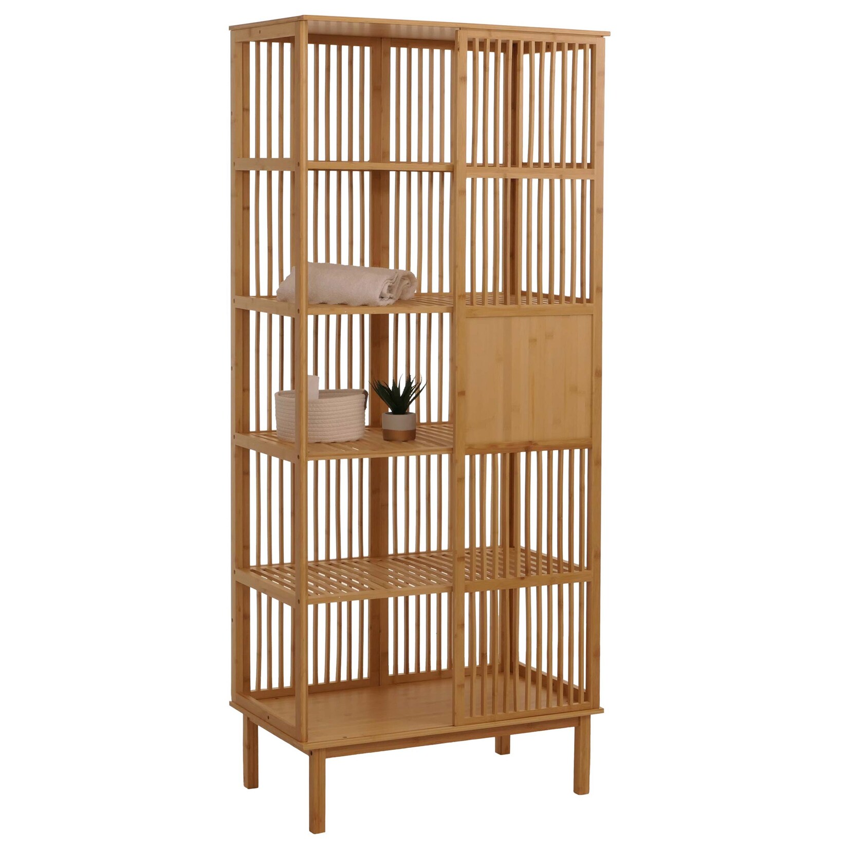 Bambus Standregal MCW-N81, Badezimmerschrank Badschrank Badregal Kommode, 5 Regalböden Schiebetür MVG 186x80x45cm | 04057651901671