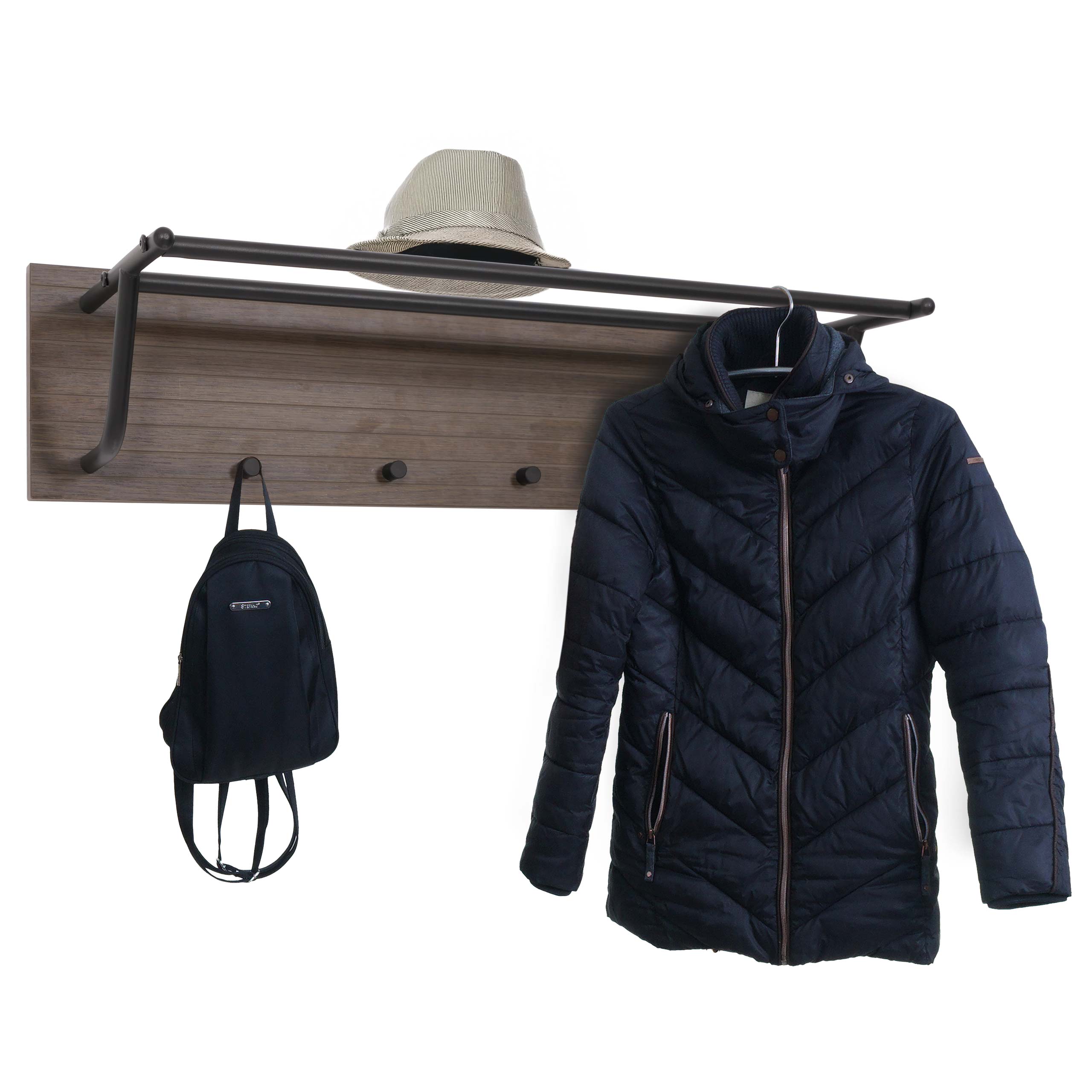 Wandgarderobe MCW-N78, 2 Kleiderstangen 4 Haken, skandinavischer Stil Metall Holz Melamin MVG 20x80x27cm ~ dunkelbraun - Bild 1