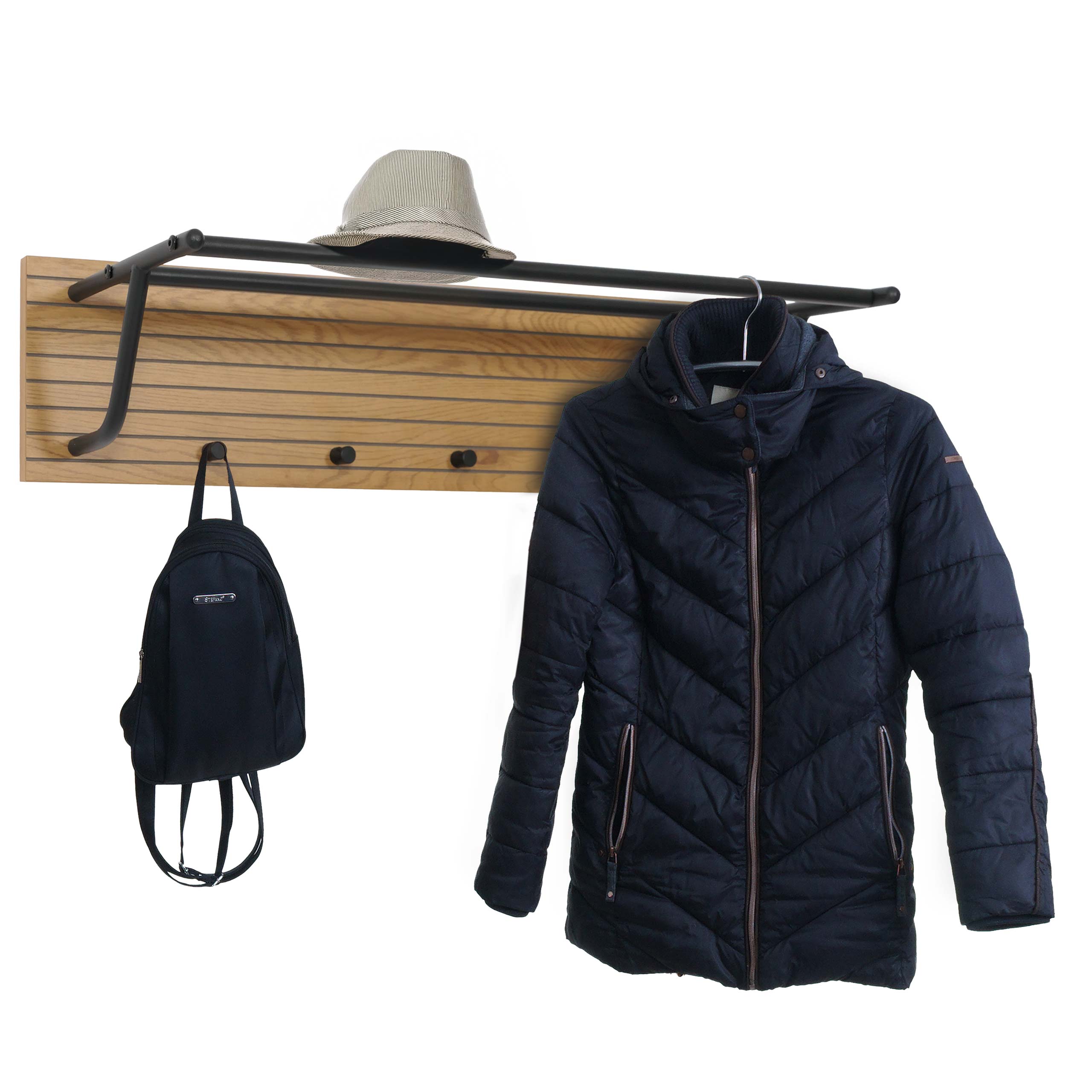 Wandgarderobe MCW-N78, 2 Kleiderstangen 4 Haken, skandinavischer Stil Metall Holz Melamin MVG 20x80x27cm ~ natur - Bild 1