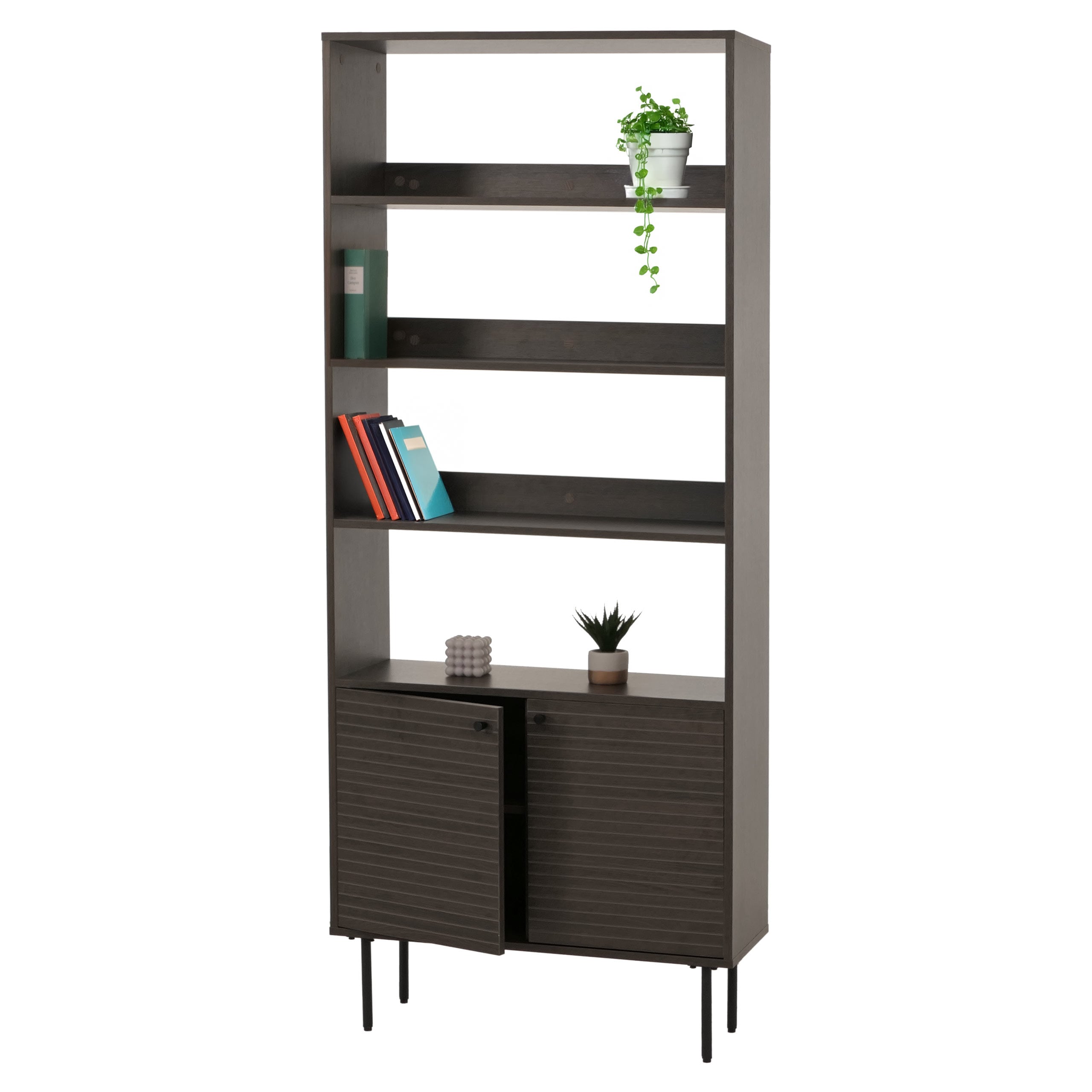 B&uuml;cherregal MCW-N78, B&uuml;cherschrank Hochschrank, skandinavischer Stil Metall Holz Melamin MVG 200x80x30cm ~ dunkelbraun - Bild 1