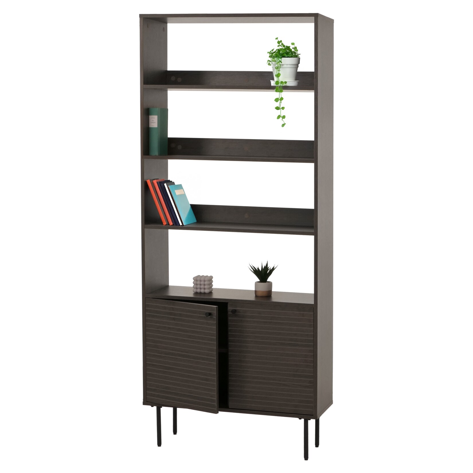 Bücherregal MCW-N78, Bücherschrank Hochschrank, skandinavischer Stil Metall Holz Melamin MVG 200x80x30cm ~ dunkelbraun
