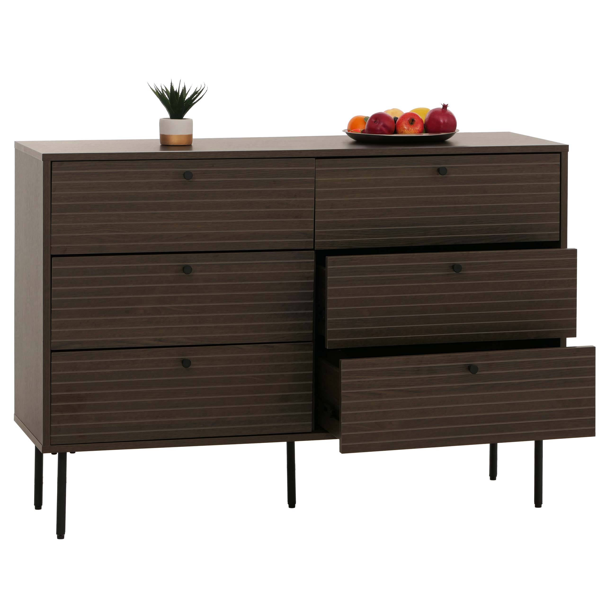 Kommode MCW-N78, Sideboard Schrank, 6 Schubladen, skandinavischer Stil Metall Holz Melamin MVG 85x120x40cm ~ dunkelbraun - Bild 1