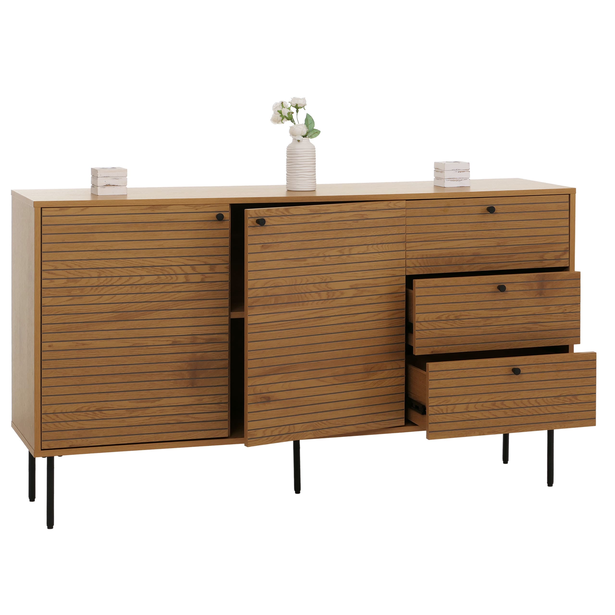 Kommode MCW-N78, Sideboard, 3 Schubladen 2 T&uuml;ren, skandinavischer Stil Metall Holz Melamin MVG 85x150x40cm ~ natur - Bild 1