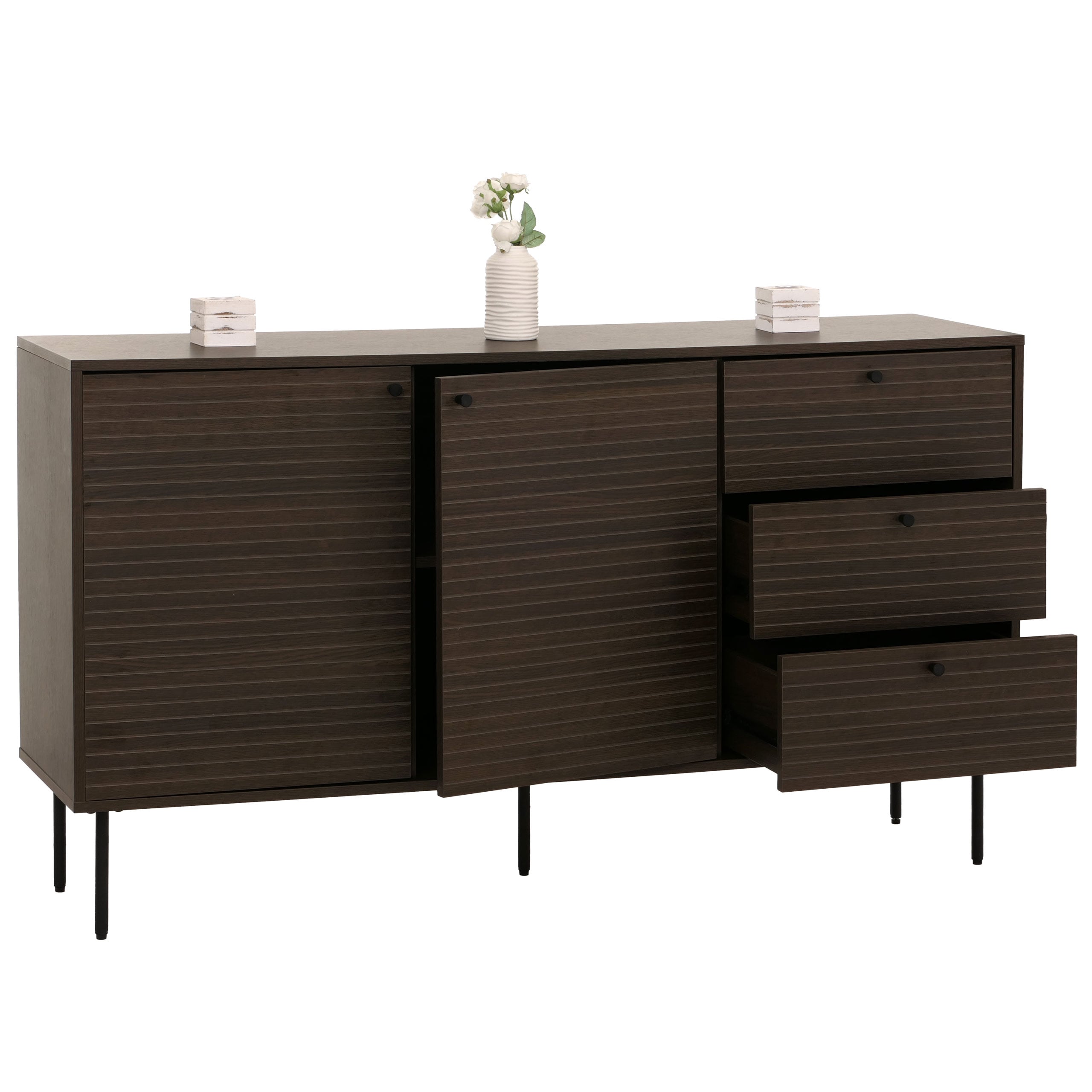 Kommode MCW-N78, Sideboard, 3 Schubladen 2 T&uuml;ren, skandinavischer Stil Metall Holz Melamin MVG 85x150x40cm ~ dunkelbraun - Bild 1