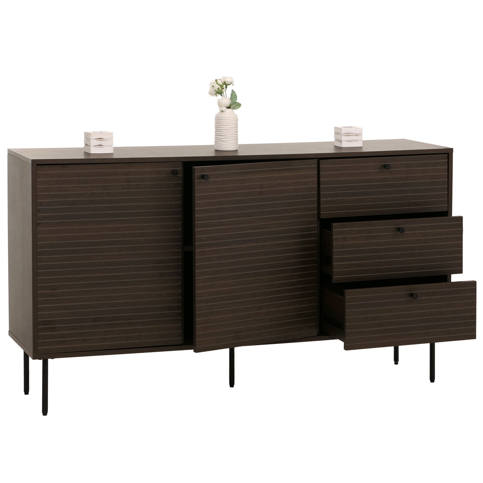 Kommode MCW-N78, Sideboard, 3 Schubladen 2 Türen, skandinavischer Stil Metall Holz Melamin MVG 85x150x40cm ~ dunkelbraun