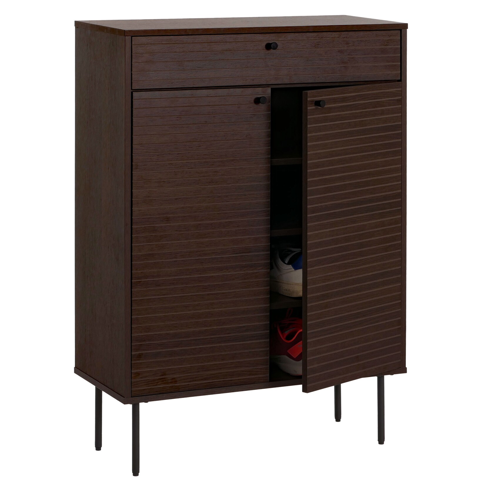 Schuhschrank MCW-N78, Schuhregal Schrank, skandinavischer Stil Metall Holz Melamin MVG 115x80x35cm ~ dunkelbraun