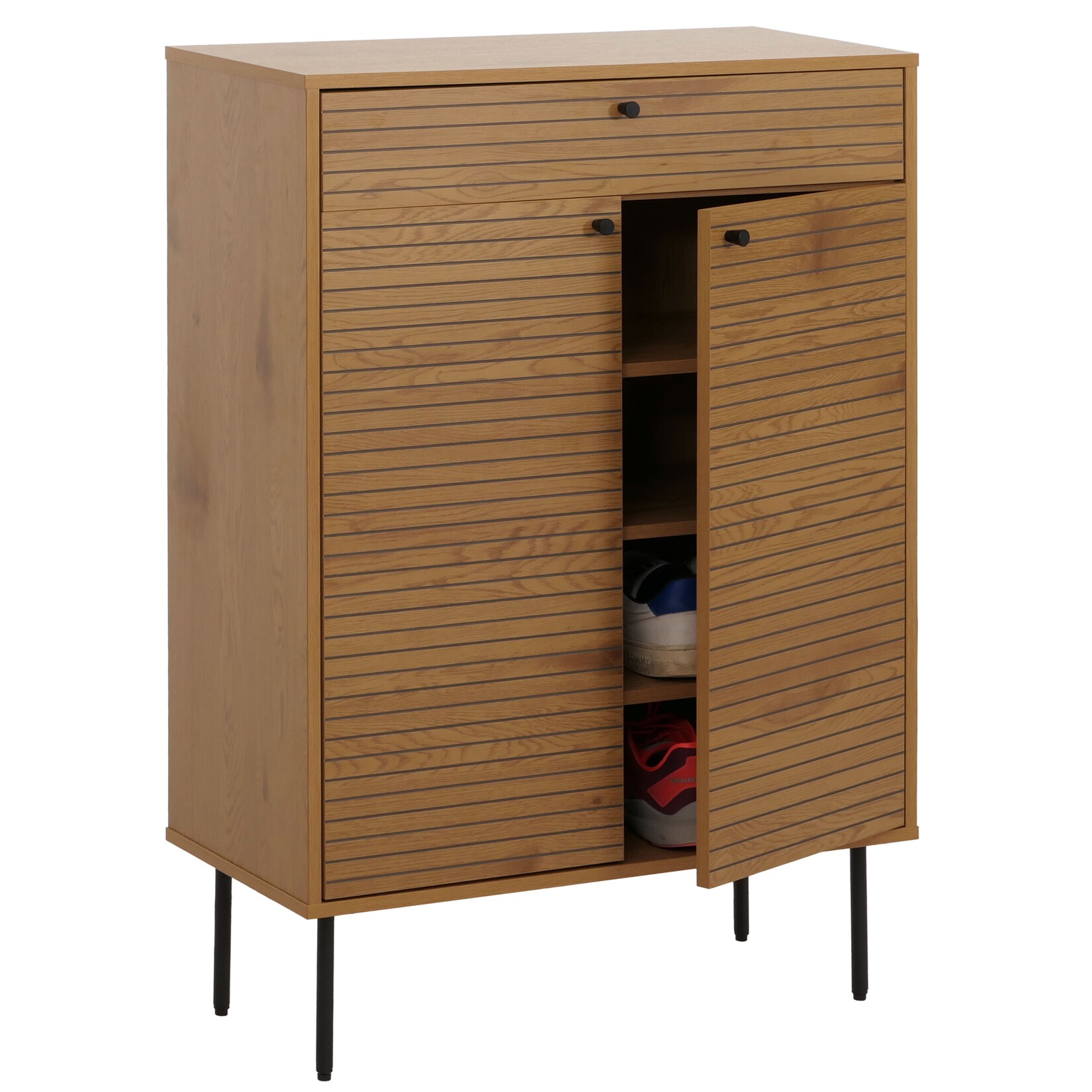 Schuhschrank MCW-N78, Schuhregal Schrank, skandinavischer Stil Metall Holz Melamin MVG 115x80x35cm ~ natur