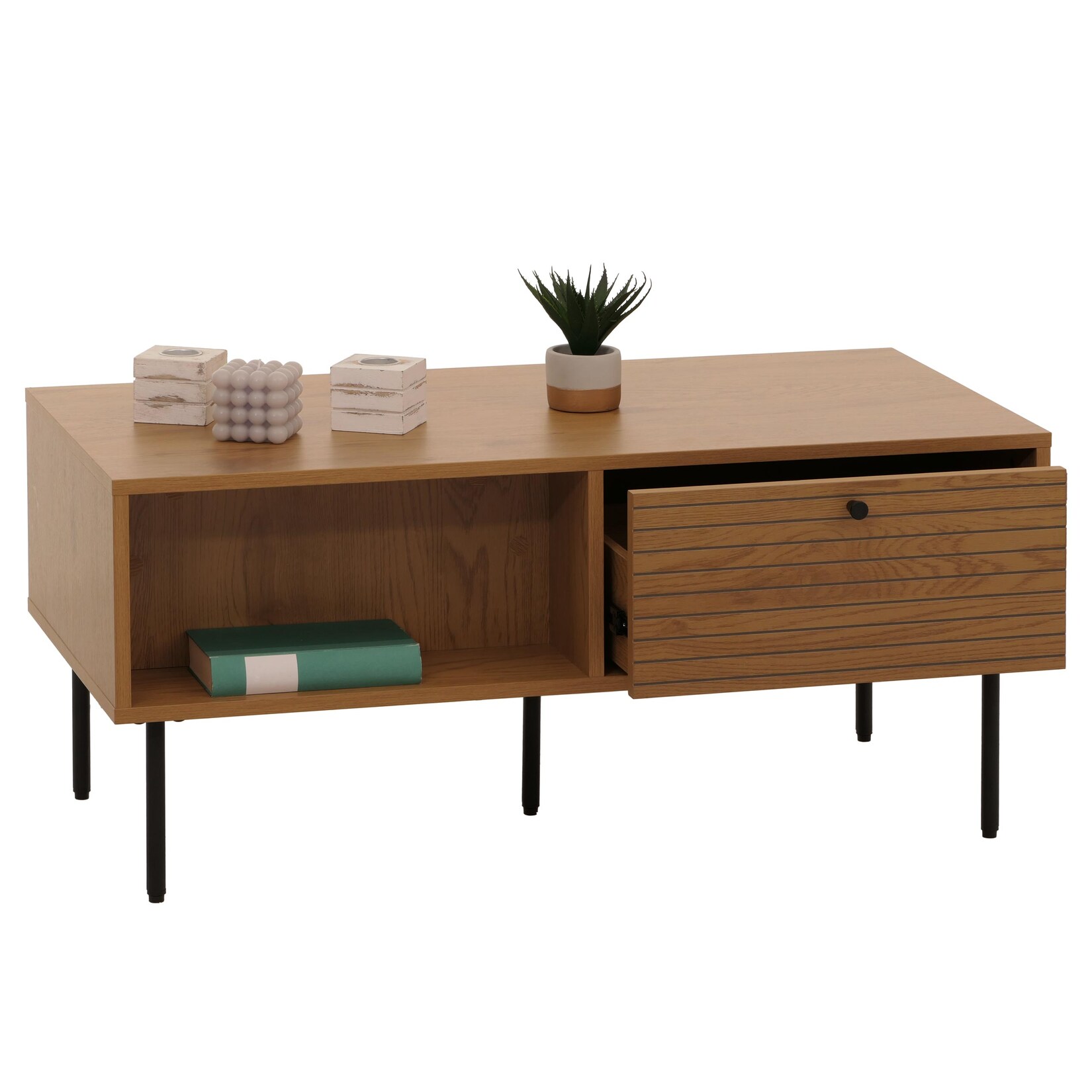 Couchtisch MCW-N78, Wohnzimmertisch Sofatisch, skandinavischer Stil Metall Holz Melamin MVG 45x100x50cm ~ natur