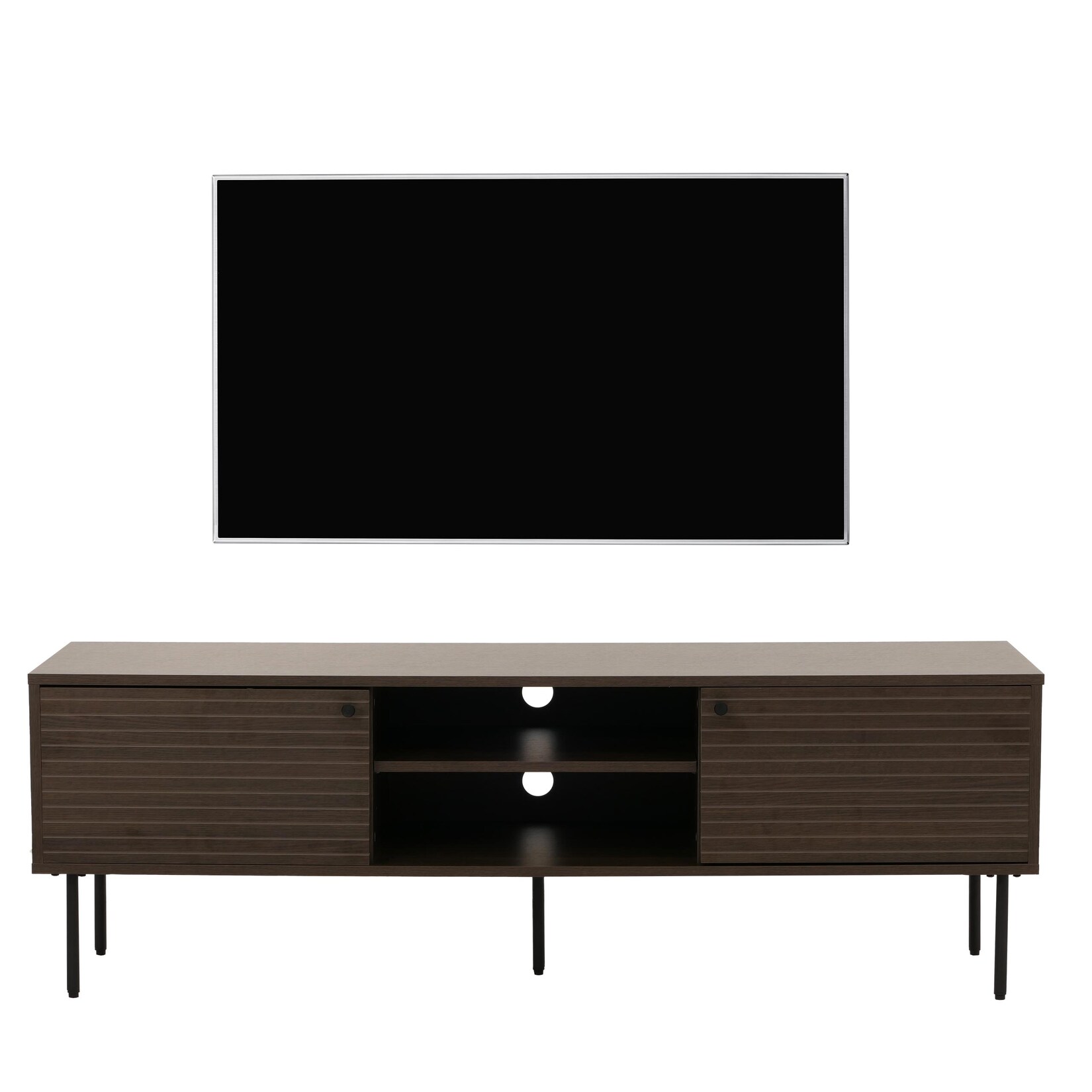 TV-Rack MCW-N78, Lowboard TV-Schrank, skandinavischer Stil Metall Holz Melamin MVG 50x150x40cm ~ dunkelbraun