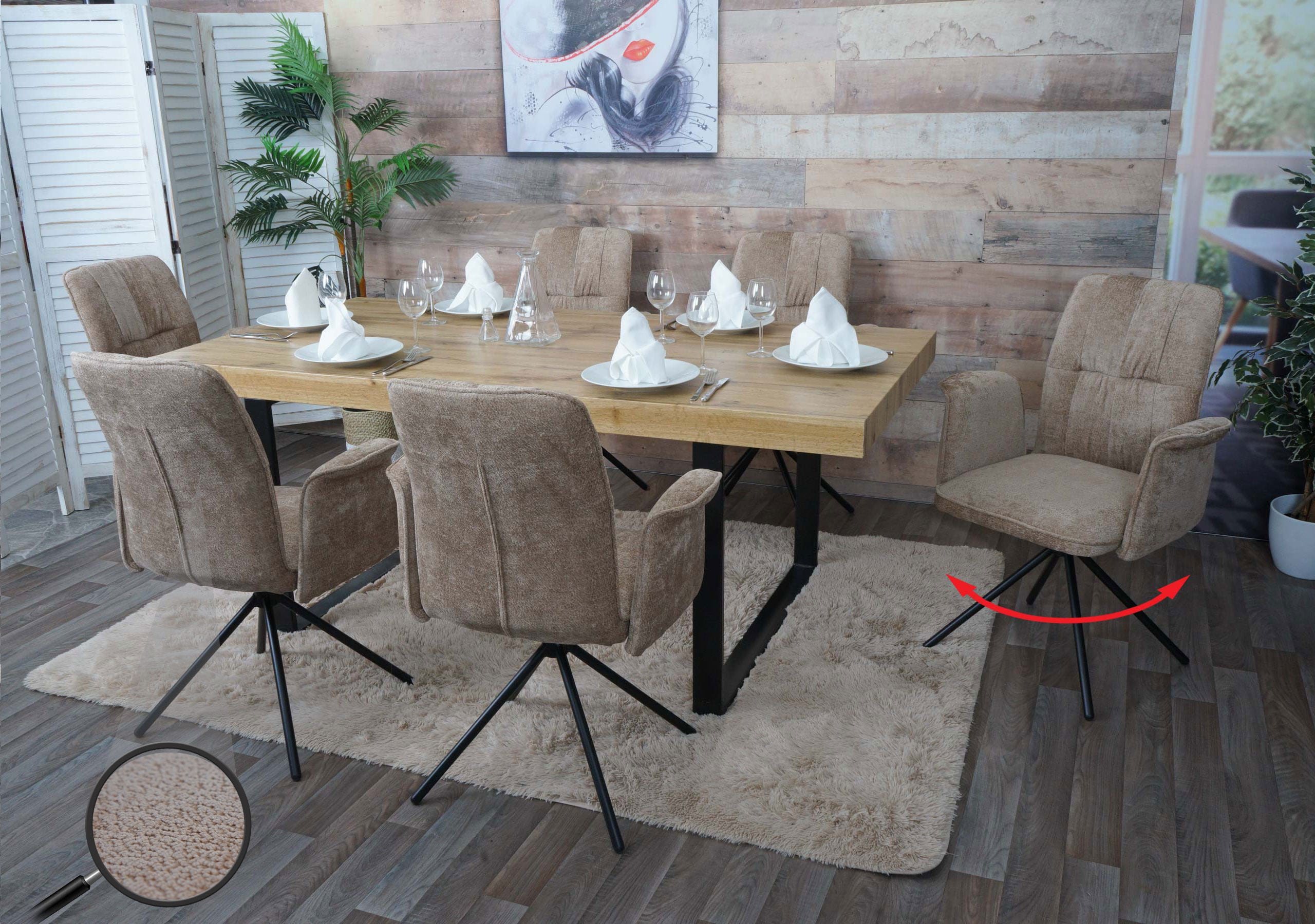 6er-Set Esszimmerstuhl MCW-N99, drehbar Armlehne Auto-Return, Stoff/Textil Chenille (340g/m&sup2;) &Ouml;ko-Tex ~ hellbraun - Bild 1