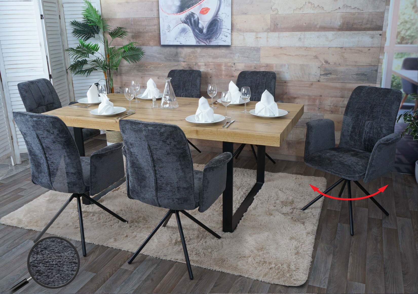 6er-Set Esszimmerstuhl MCW-N99, drehbar Armlehne Auto-Return, Stoff/Textil Chenille (340g/m²) Öko-Tex ~ dunkelgrau