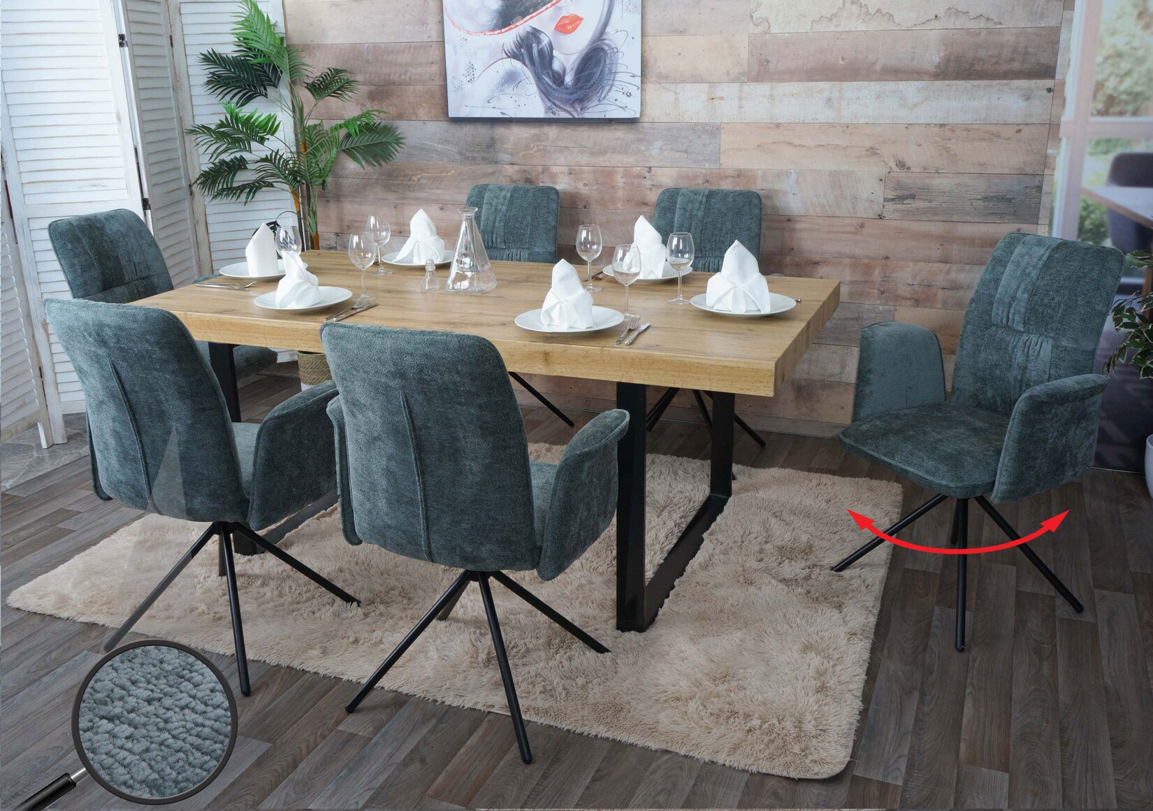 6er-Set Esszimmerstuhl MCW-N99, drehbar Armlehne Auto-Return, Stoff/Textil Chenille (340g/m²) Öko-Tex ~ blau-grün
