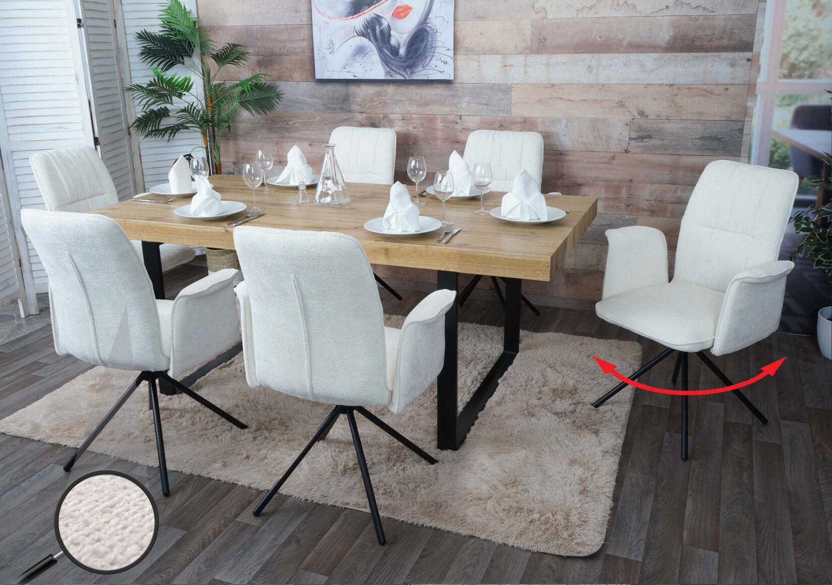 6er-Set Esszimmerstuhl MCW-N99, drehbar Armlehne Auto-Return, Stoff/Textil Chenille (340g/m²) Öko-Tex ~ creme
