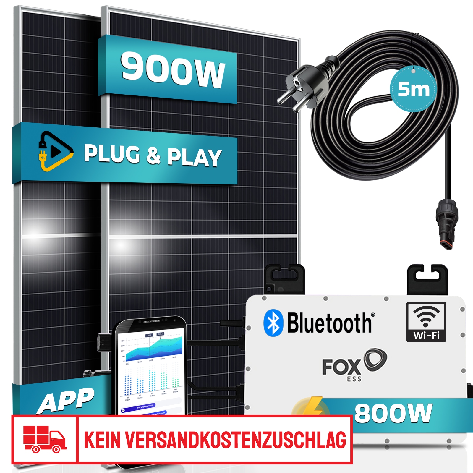 SUNNIVA&reg; 900W Balkonkraftwerk 800W komplett Steckdose - FOX ESS 800W Wechselrichter - PV Solaranlage Komplettset - 2x 450W Solarmodule - inkl. 5m Kabel - Bluetooth WIFI - Bild 1
