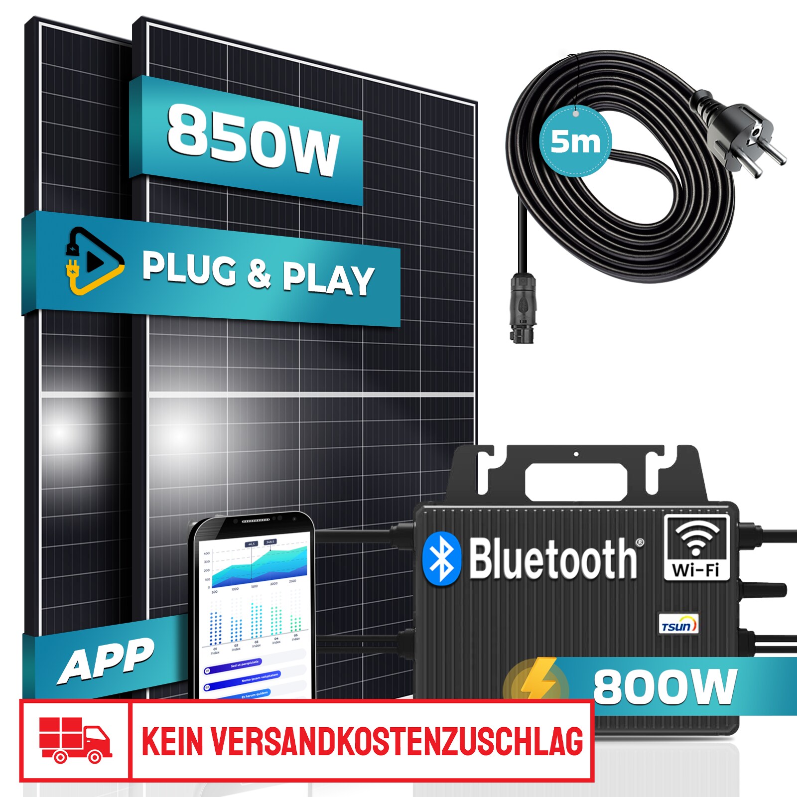 SUNNIVA steckerfertiges Balkonkraftwerk (800 W), 850 WP Solarpanels, TSUN Micro Wechselrichter mit WIFI & Bluetooth, 5m Kabel